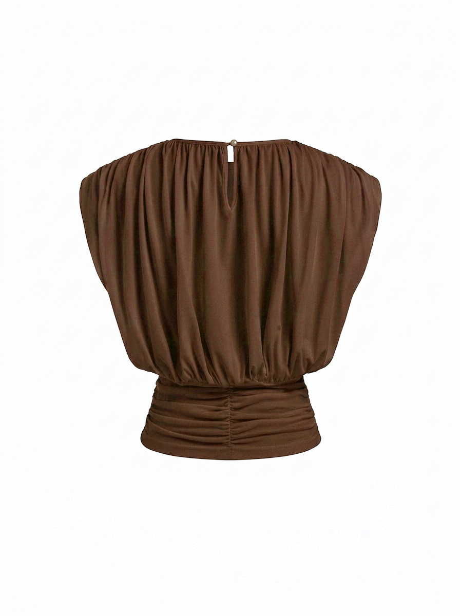 Draped Ruched Round Neckline Sleeveless Top - Brown