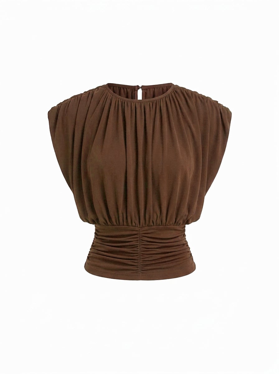 Draped Ruched Round Neckline Sleeveless Top - Brown