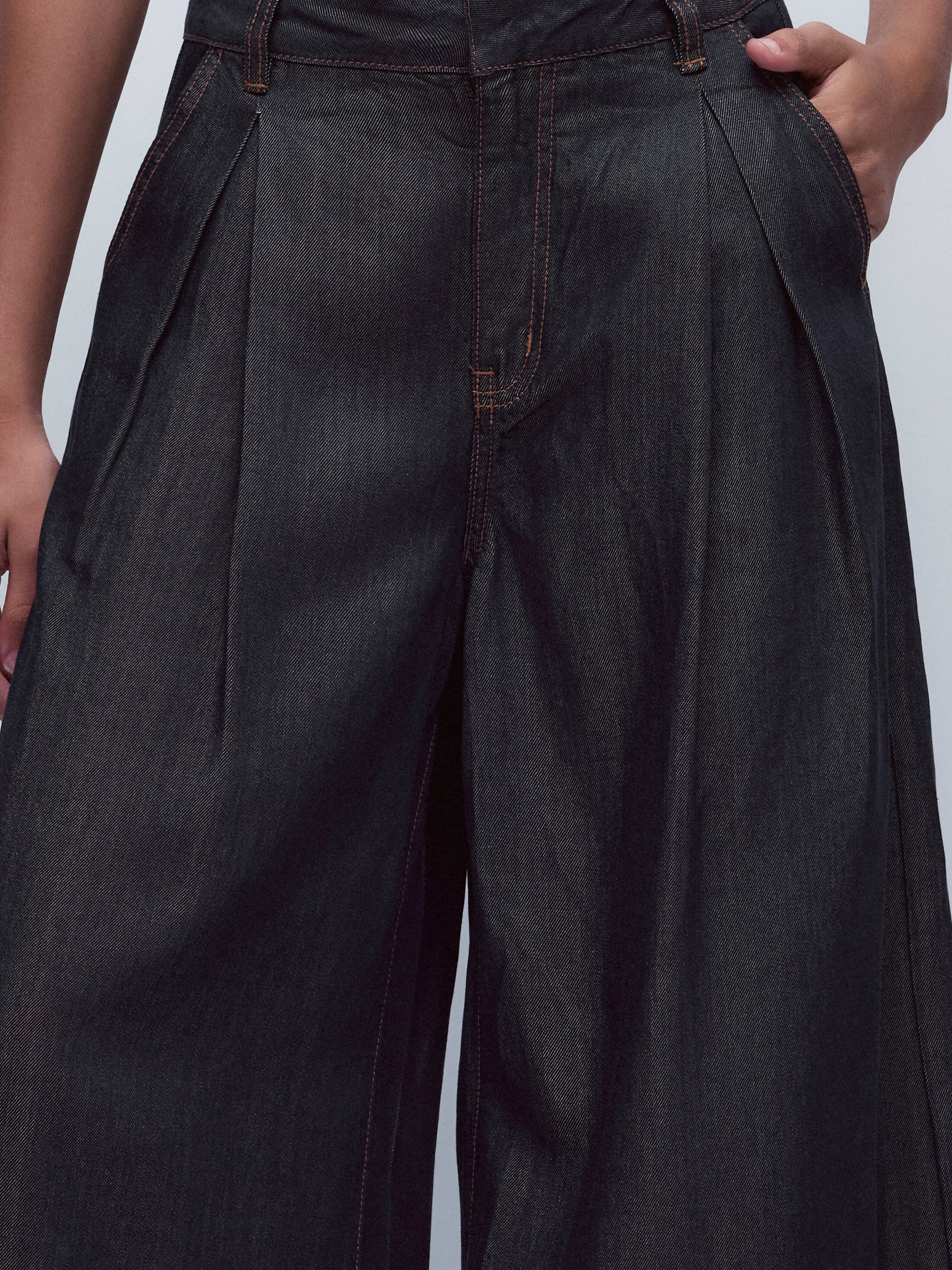 Washed Denim High Rise Draped Wide Leg Jeans