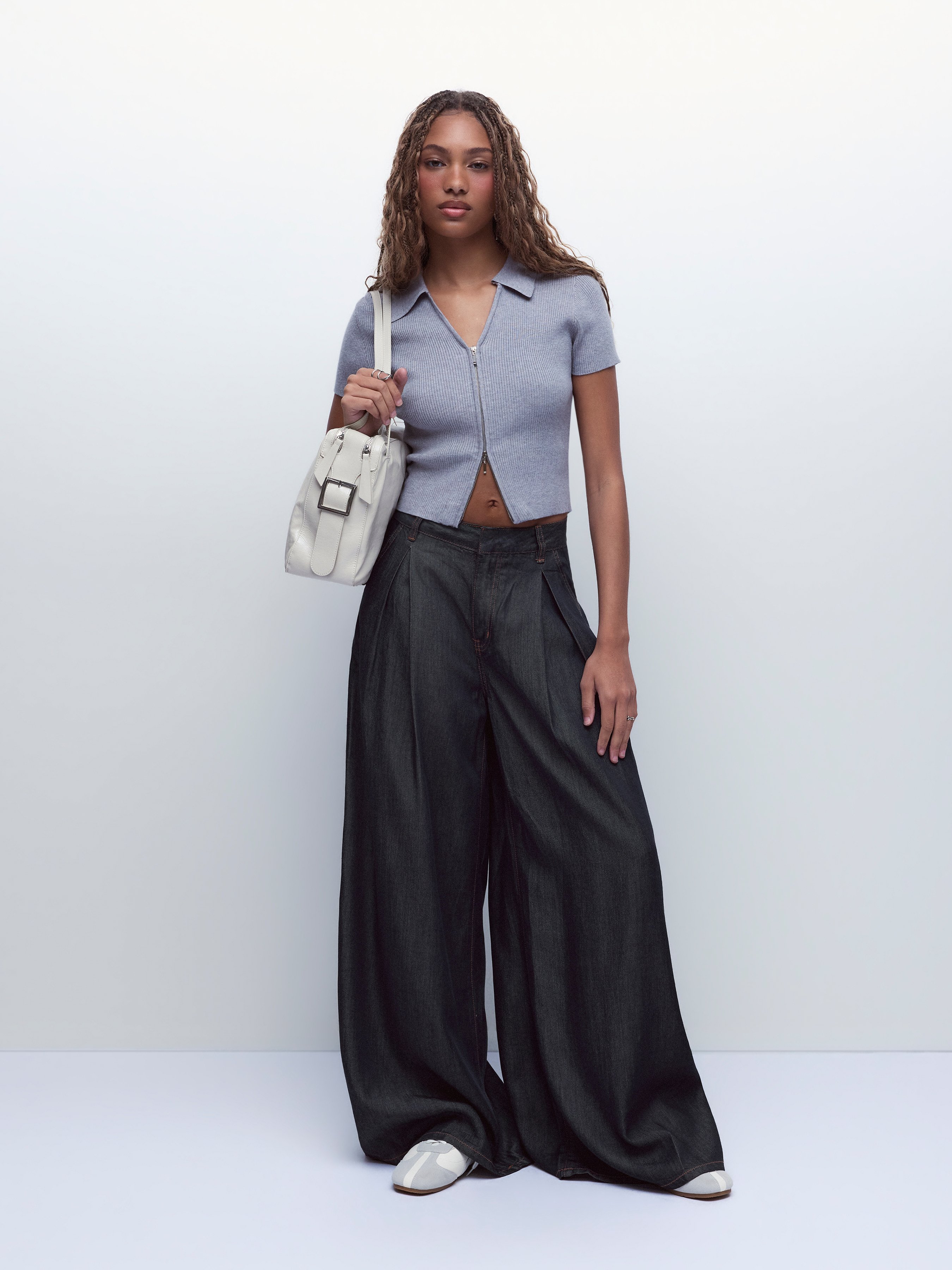 Washed Denim High Rise Draped Wide Leg Jeans