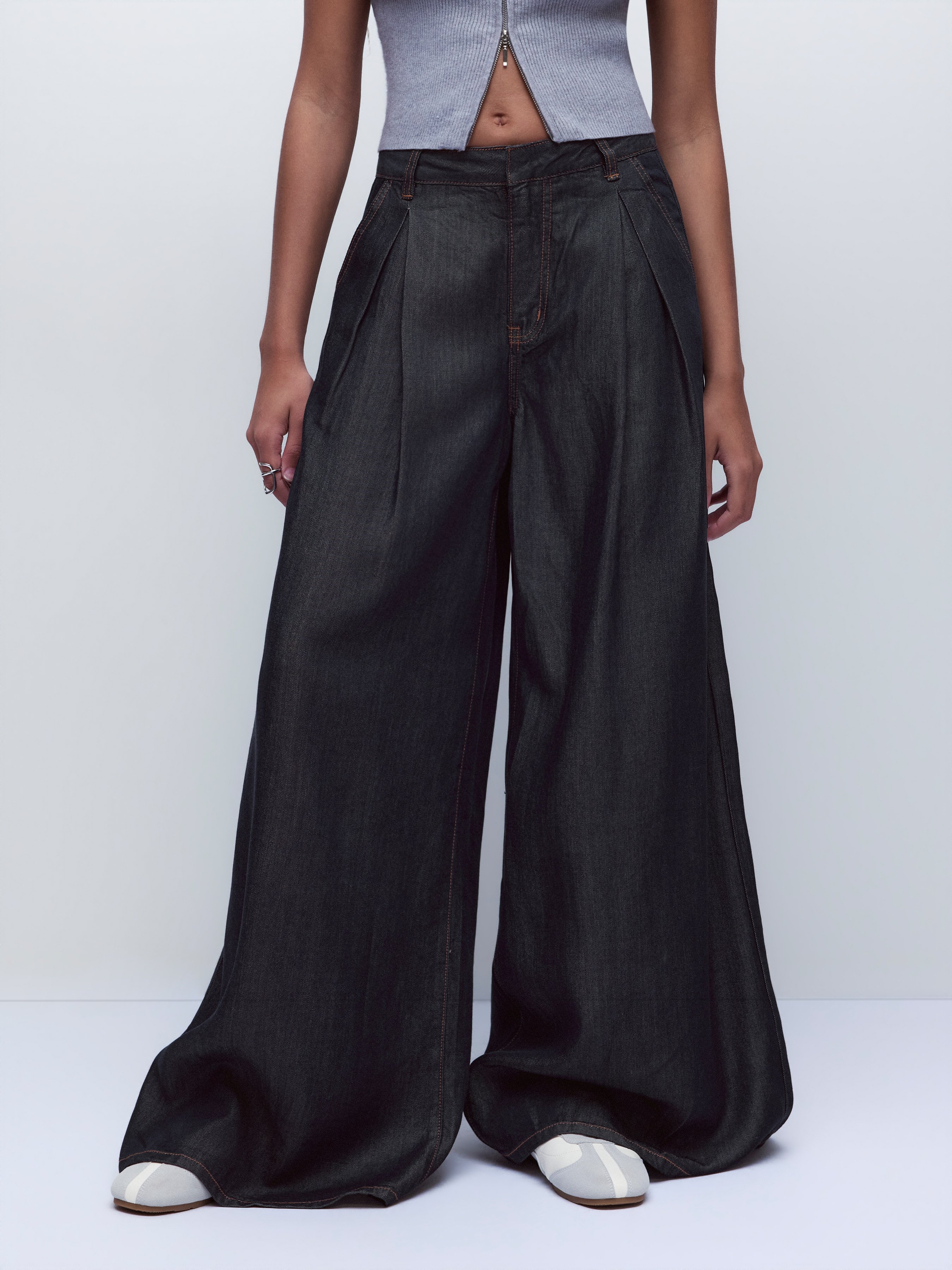 Washed Denim High Rise Draped Wide Leg Jeans