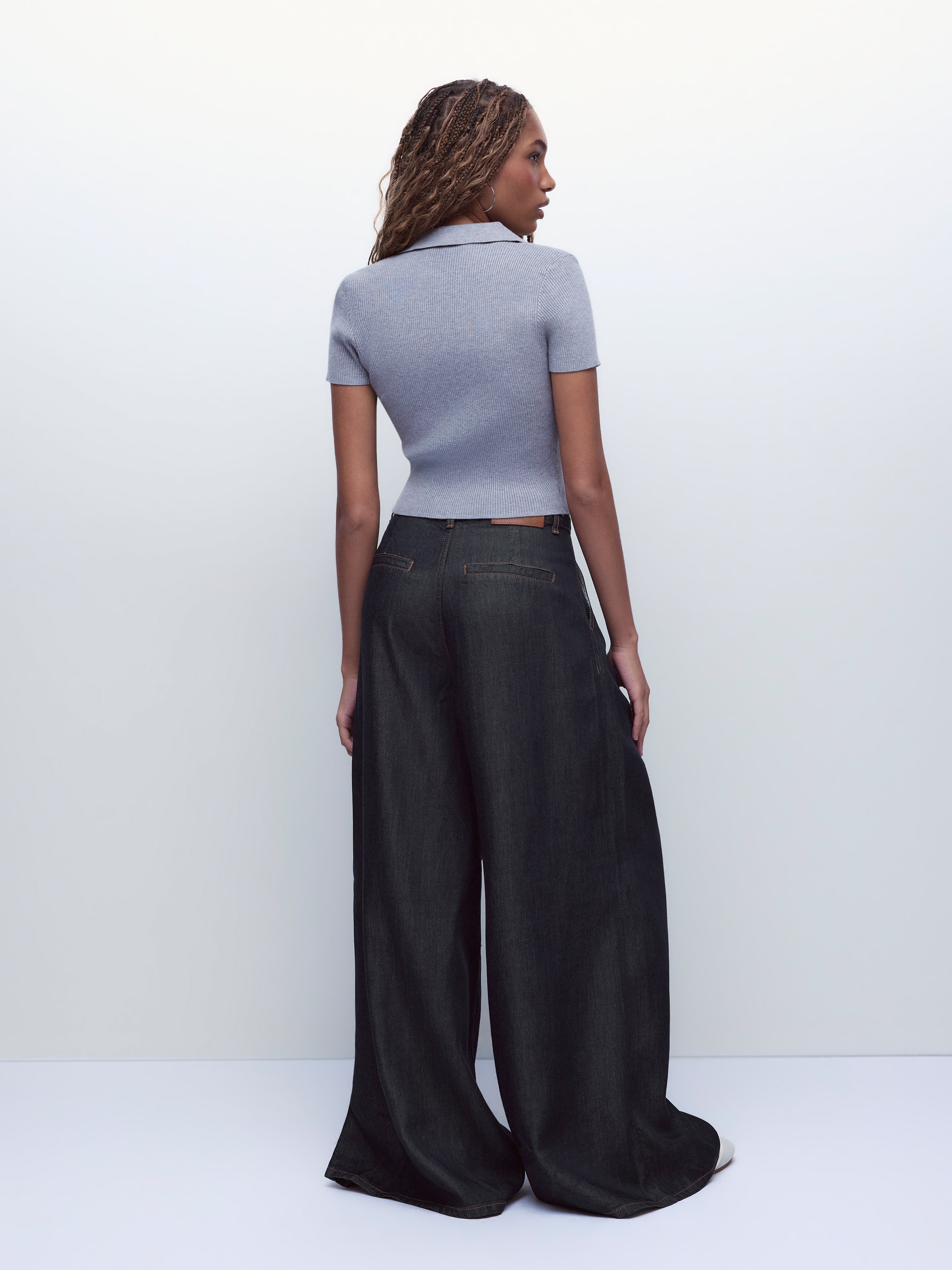 Washed Denim High Rise Draped Wide Leg Jeans