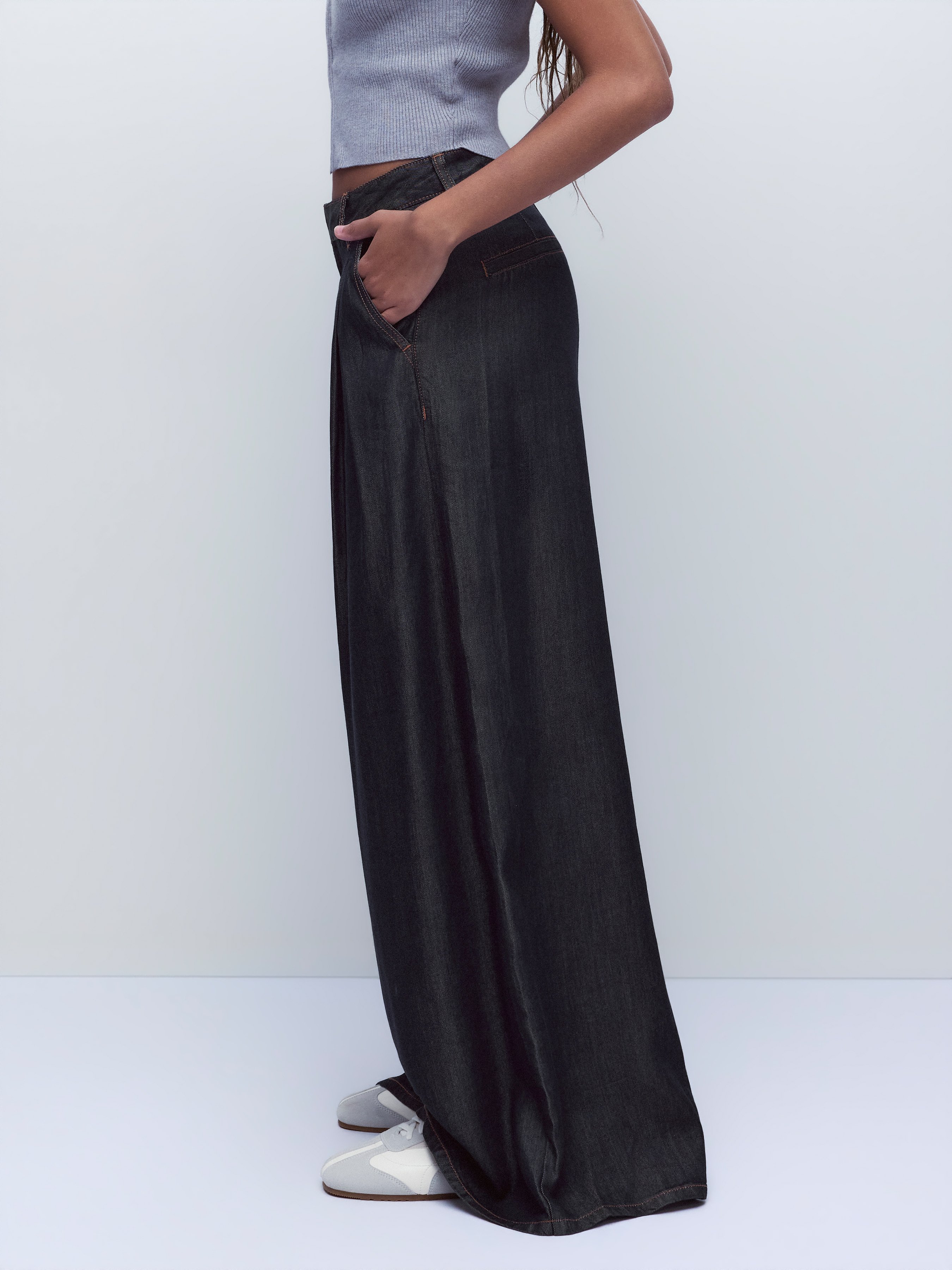Washed Denim High Rise Draped Wide Leg Jeans