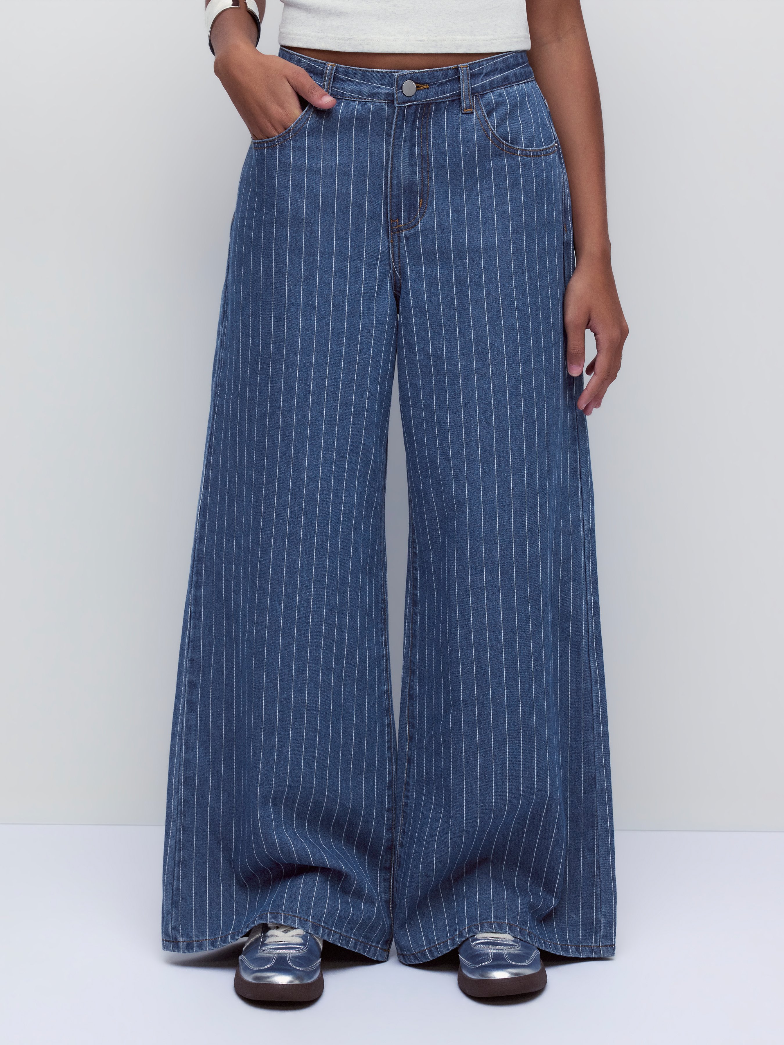 Denim Low-Rise Baggy Trousers - Blue Stripe