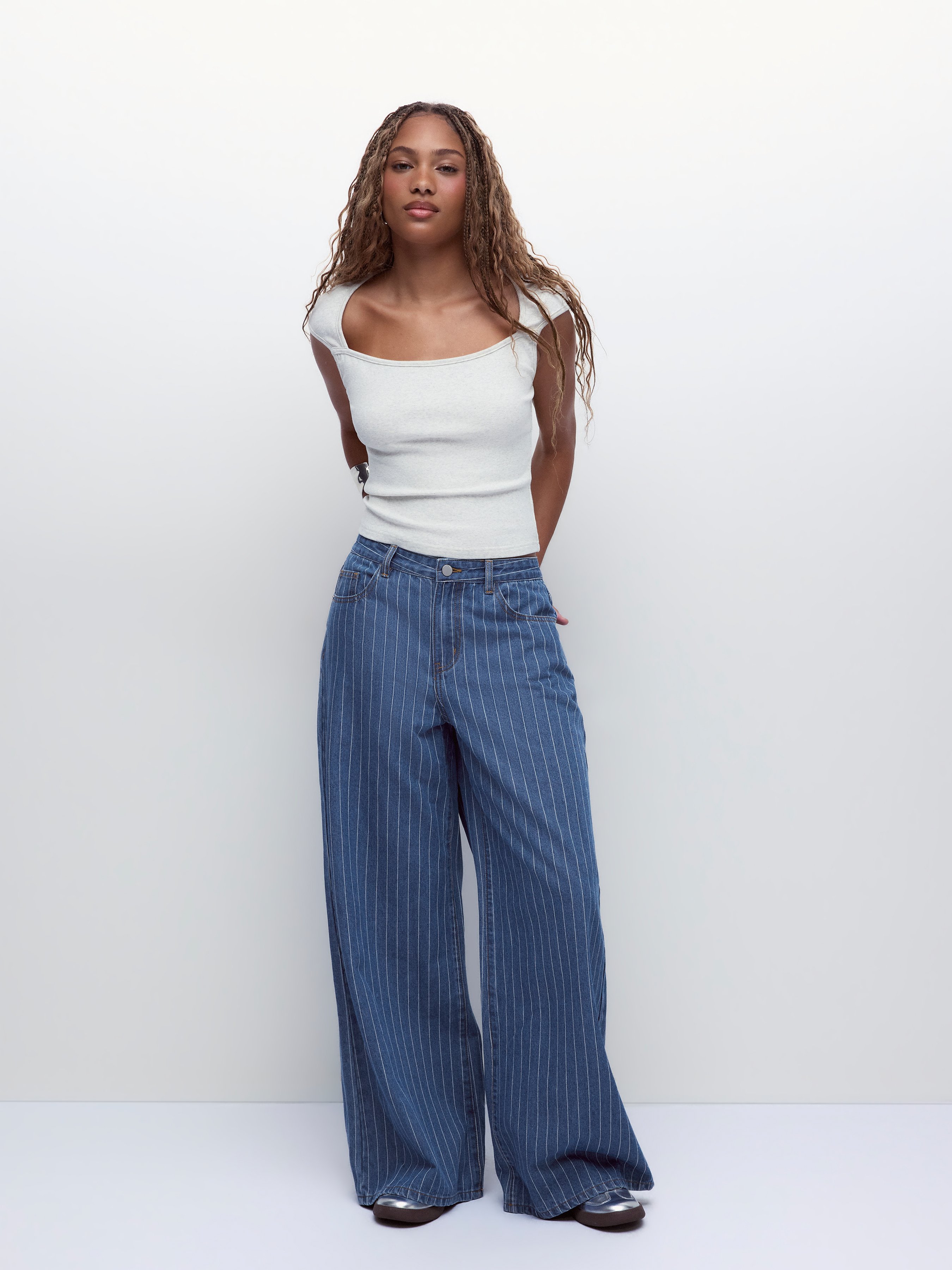 Denim Low-Rise Baggy Trousers - Blue Stripe