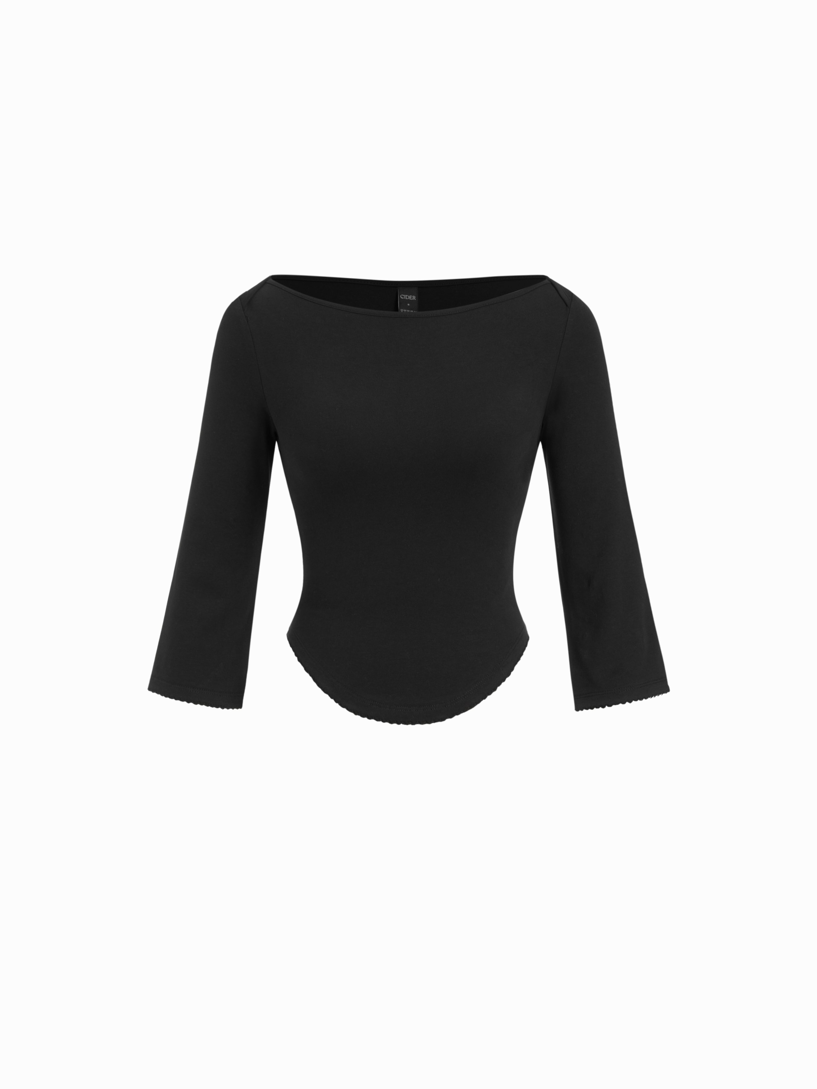Knit Fabric Boat Neck Curved-Hem 3/4 Long Sleeve Tee - Black