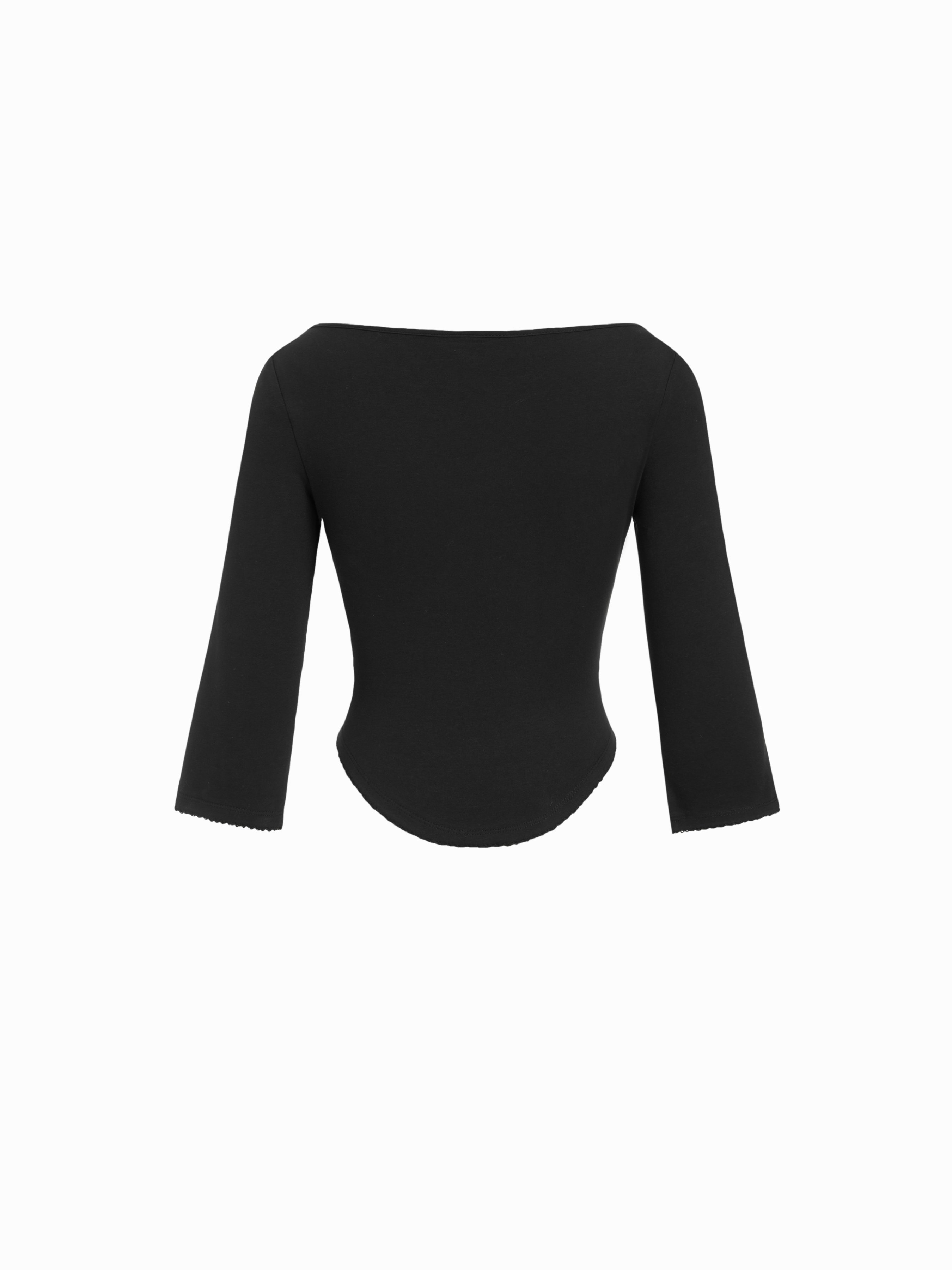 Knit Fabric Boat Neck Curved-Hem 3/4 Long Sleeve Tee - Black