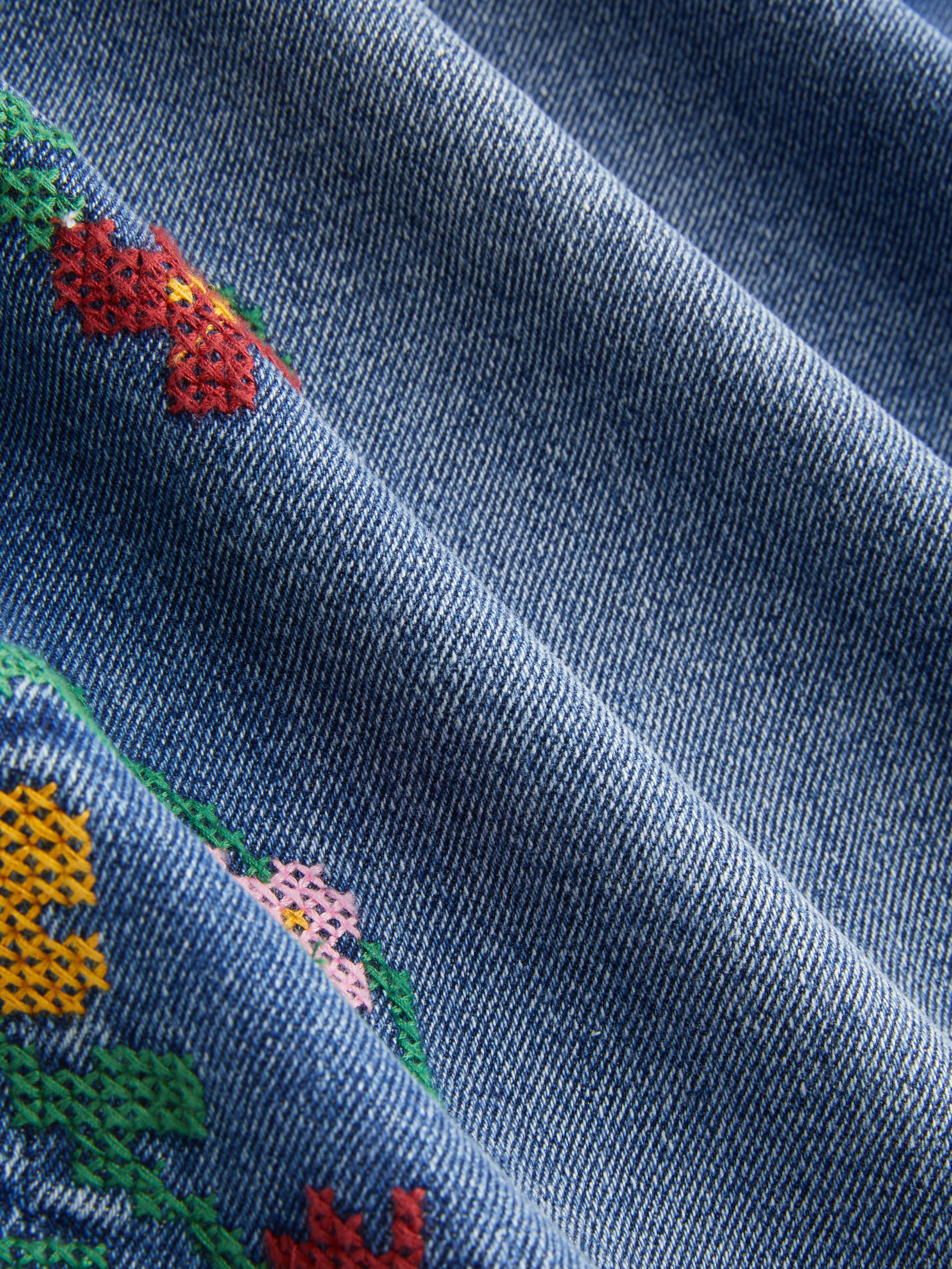 Denim High Rise Floral Embroidery Metal Detail Wide Leg Jeans