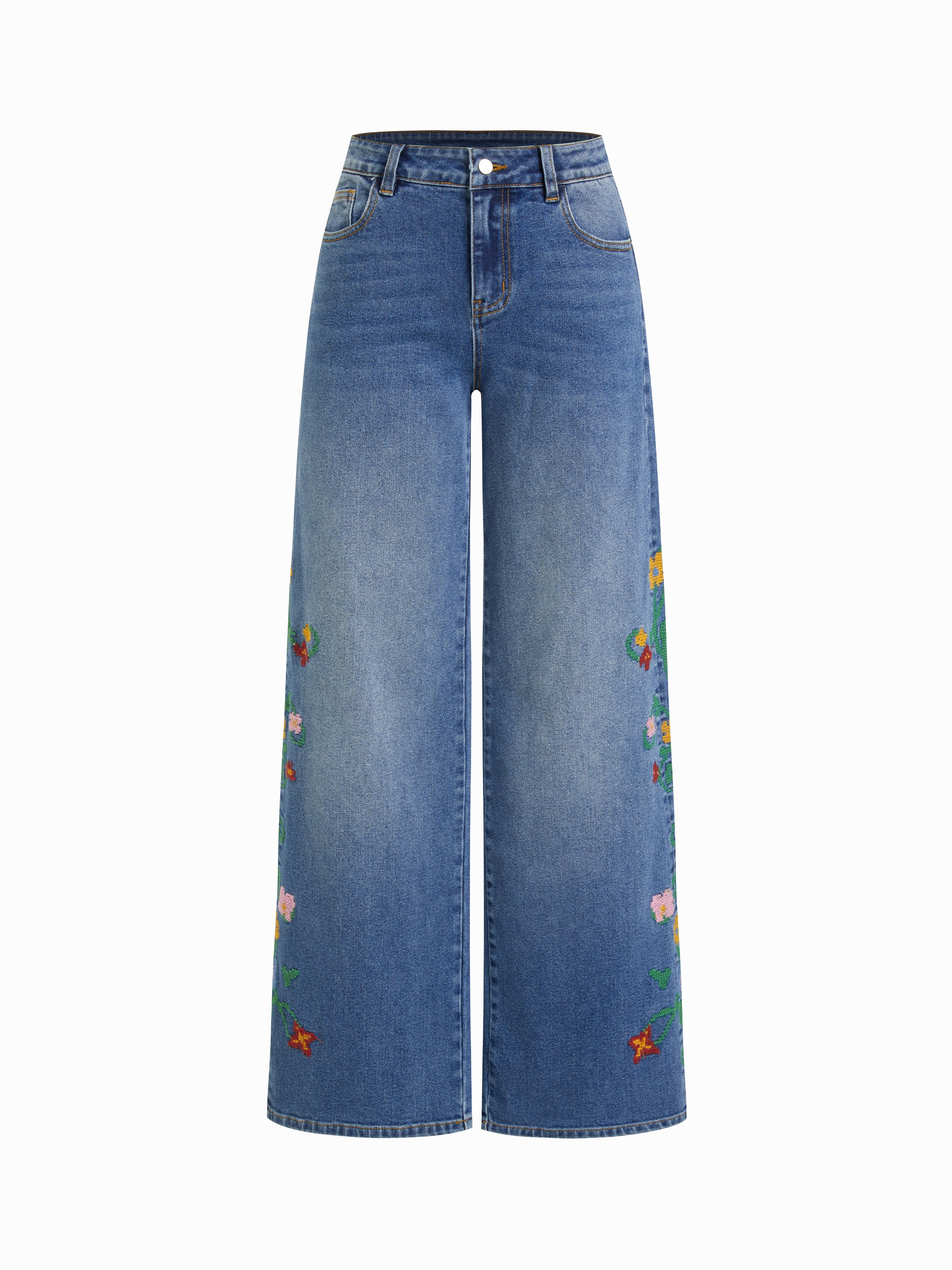 Denim High Rise Floral Embroidery Metal Detail Wide Leg Jeans
