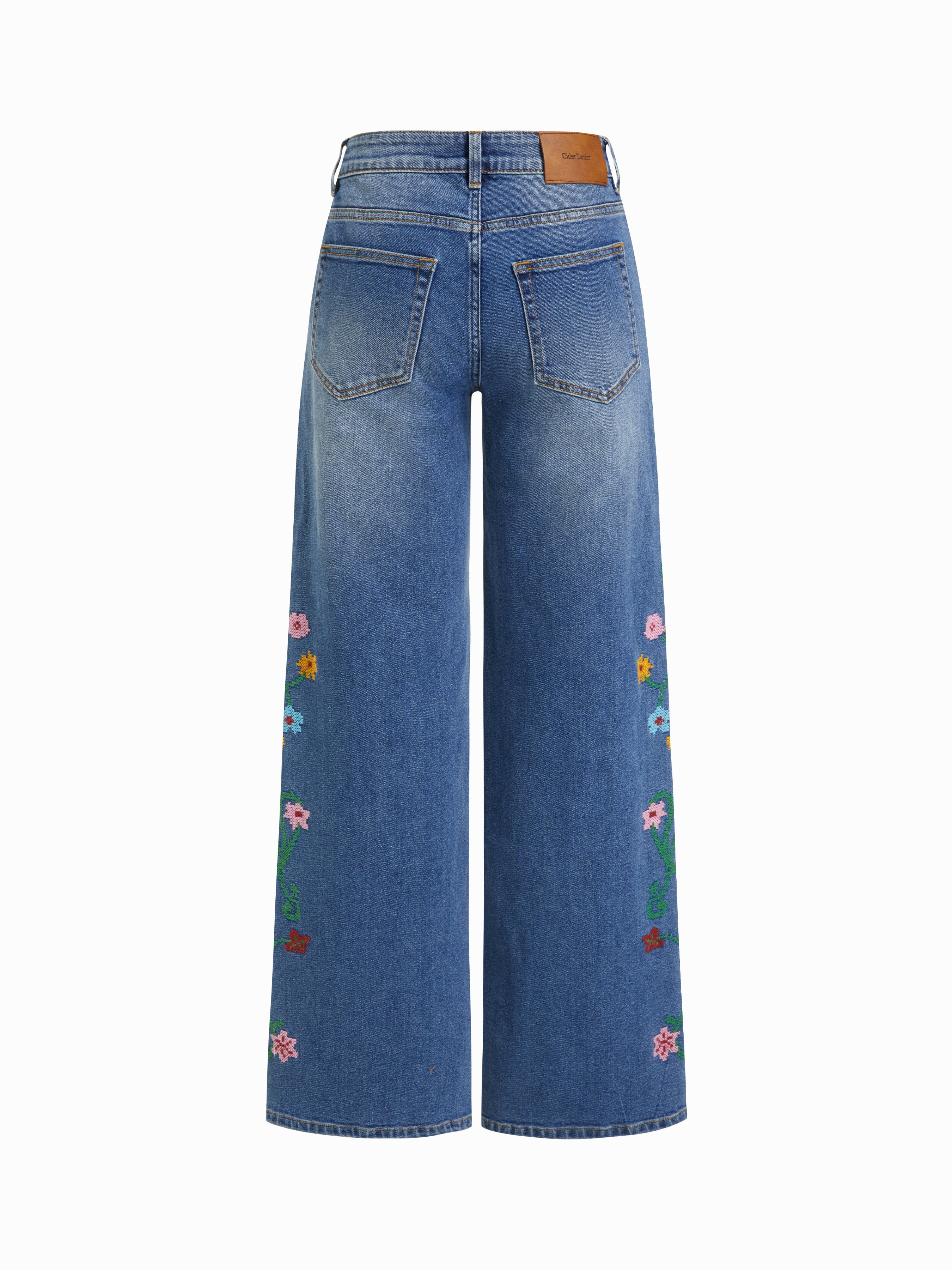 Denim High Rise Floral Embroidery Metal Detail Wide Leg Jeans