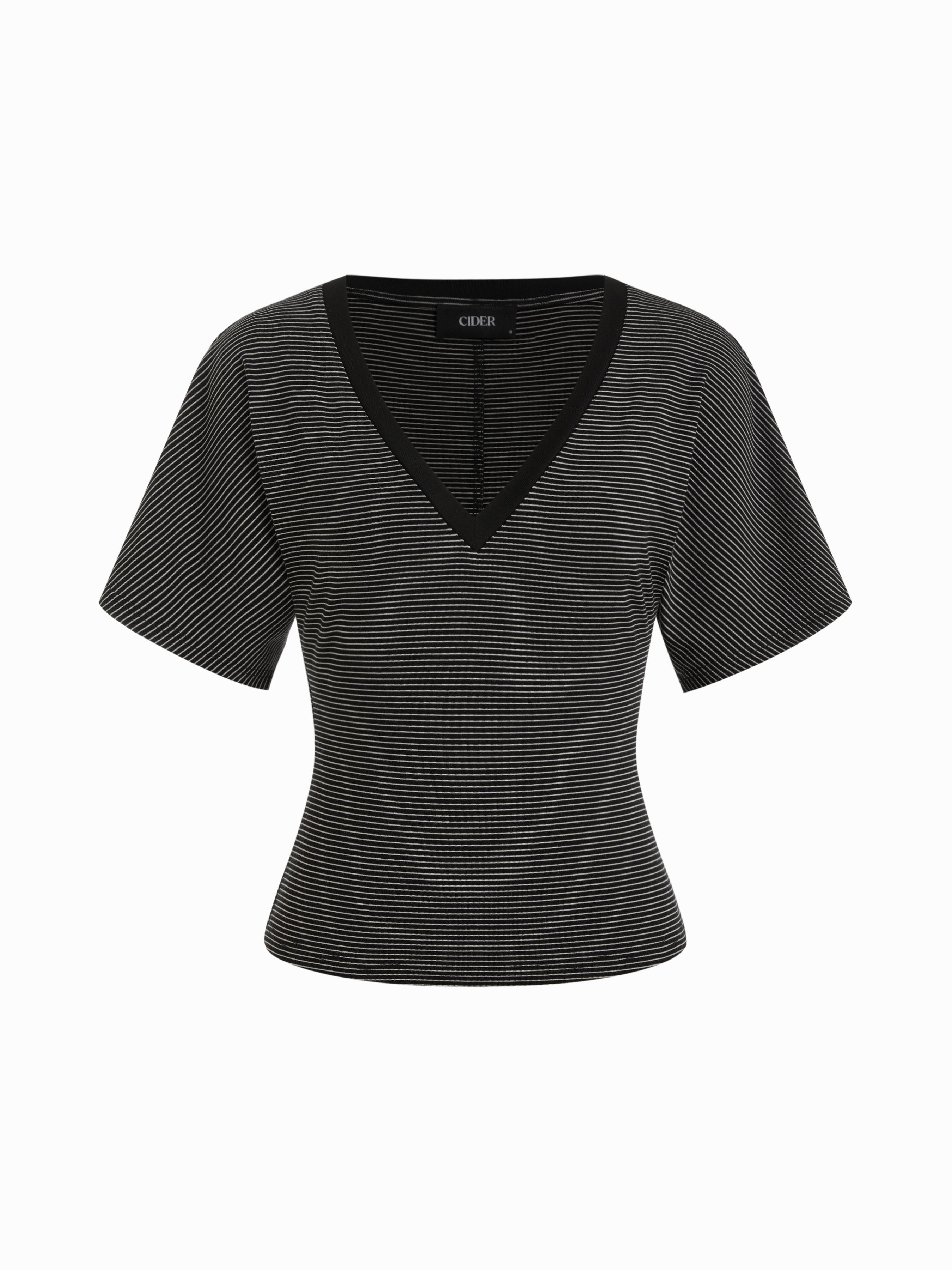 Cotton-blend High Stretch V-neck Short Sleeve Tee - Black Micro Pinstripe