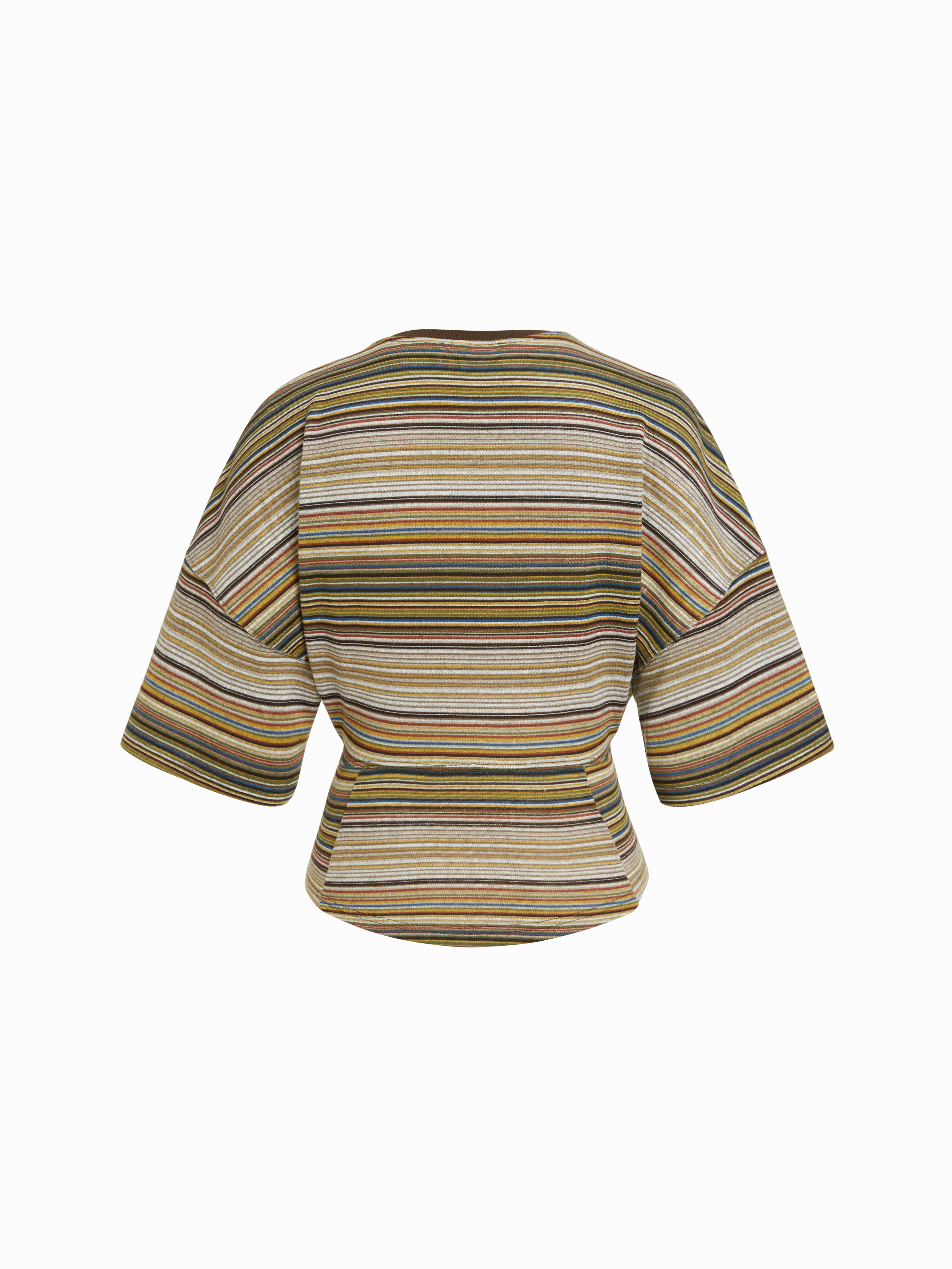 Cotton-blend Stripe Round Neckline Mid-length Sleeve Cinched Waist Tee - Chocolate