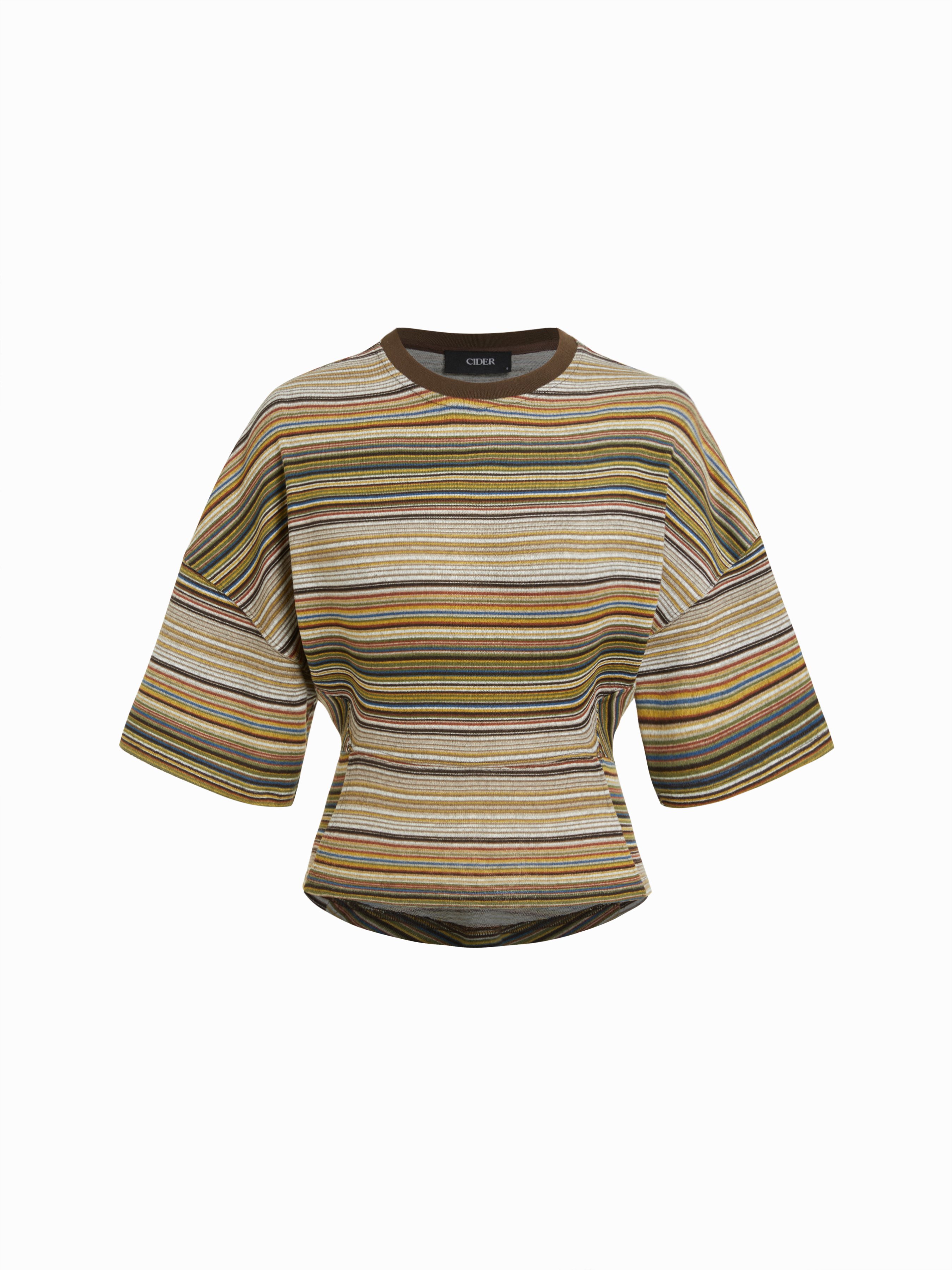 Cotton-blend Stripe Round Neckline Mid-length Sleeve Cinched Waist Tee - Chocolate