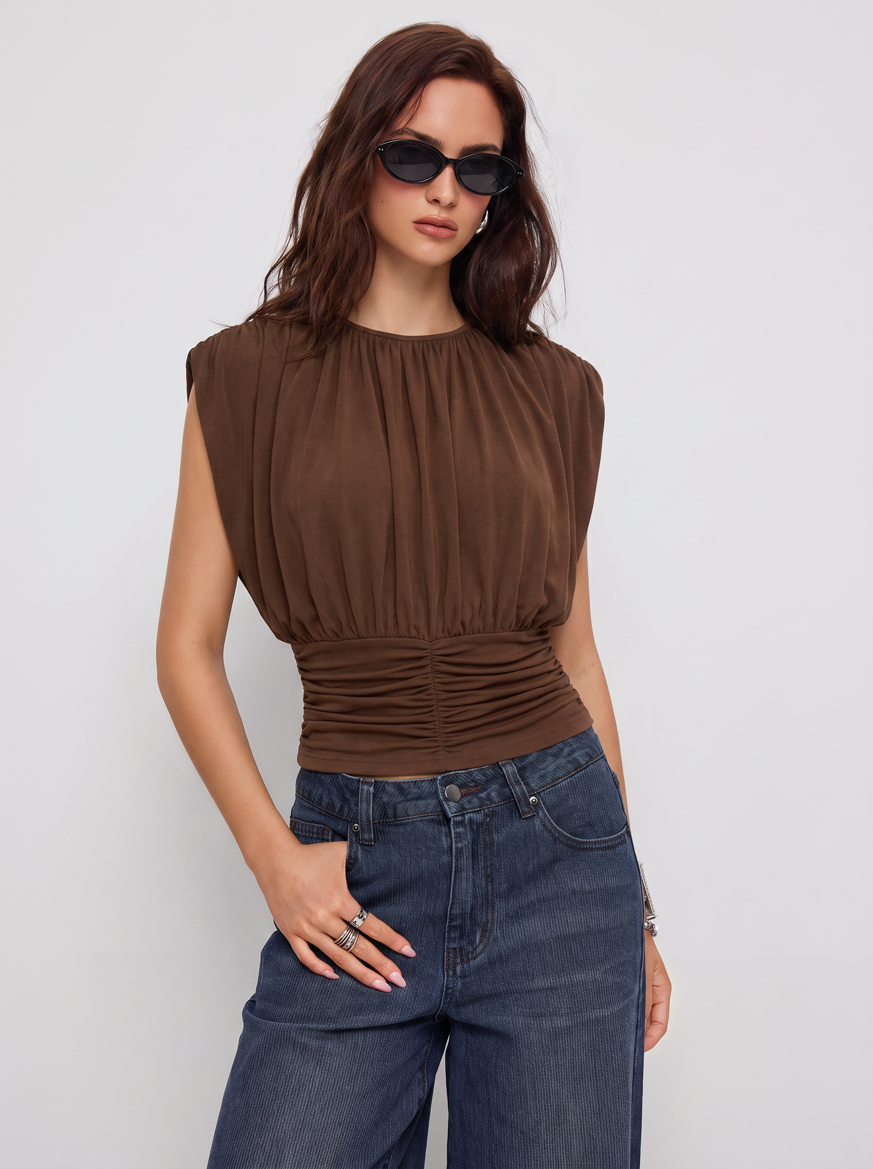 Draped Ruched Round Neckline Sleeveless Top - Brown