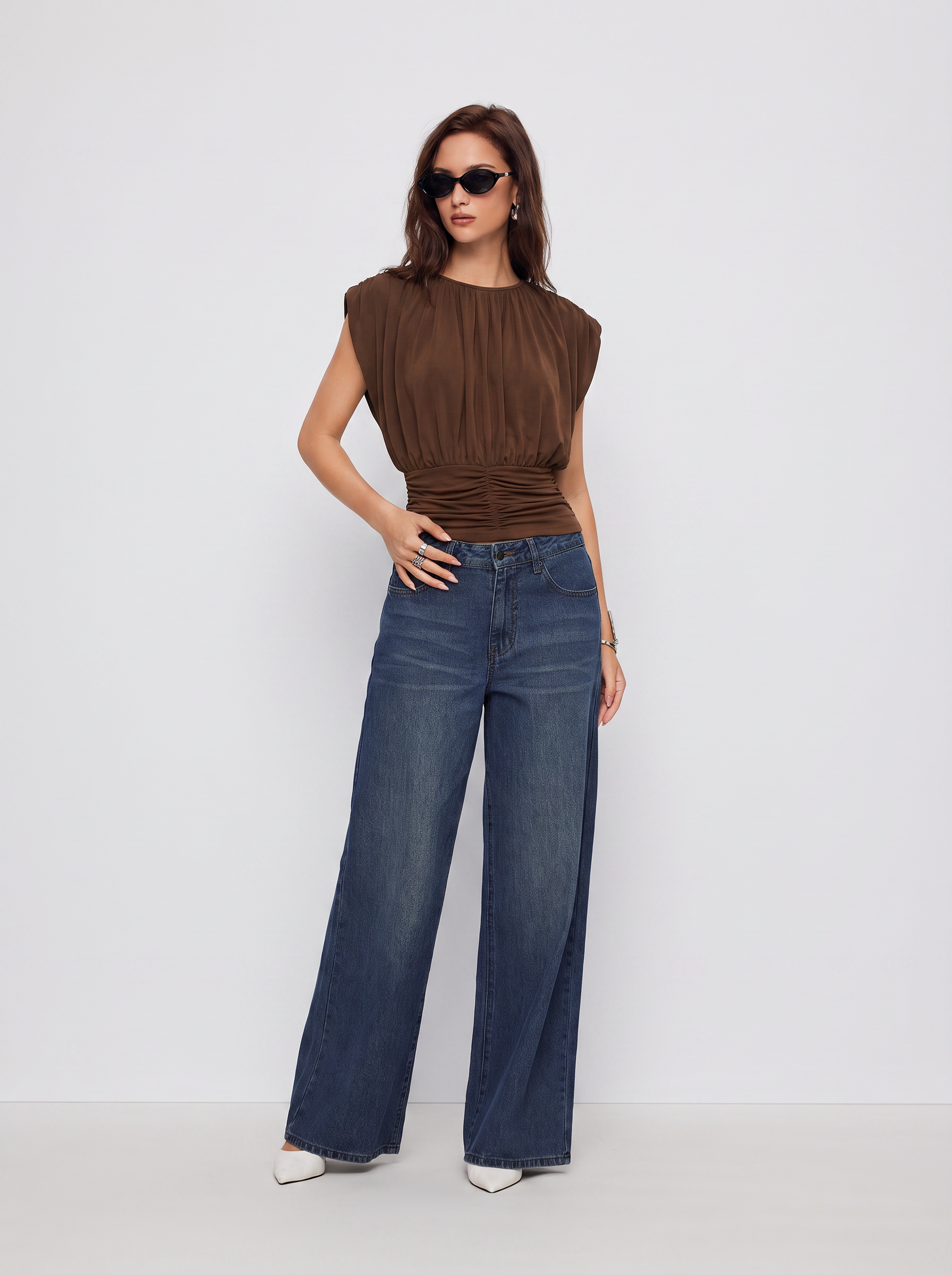 Draped Ruched Round Neckline Sleeveless Top - Brown