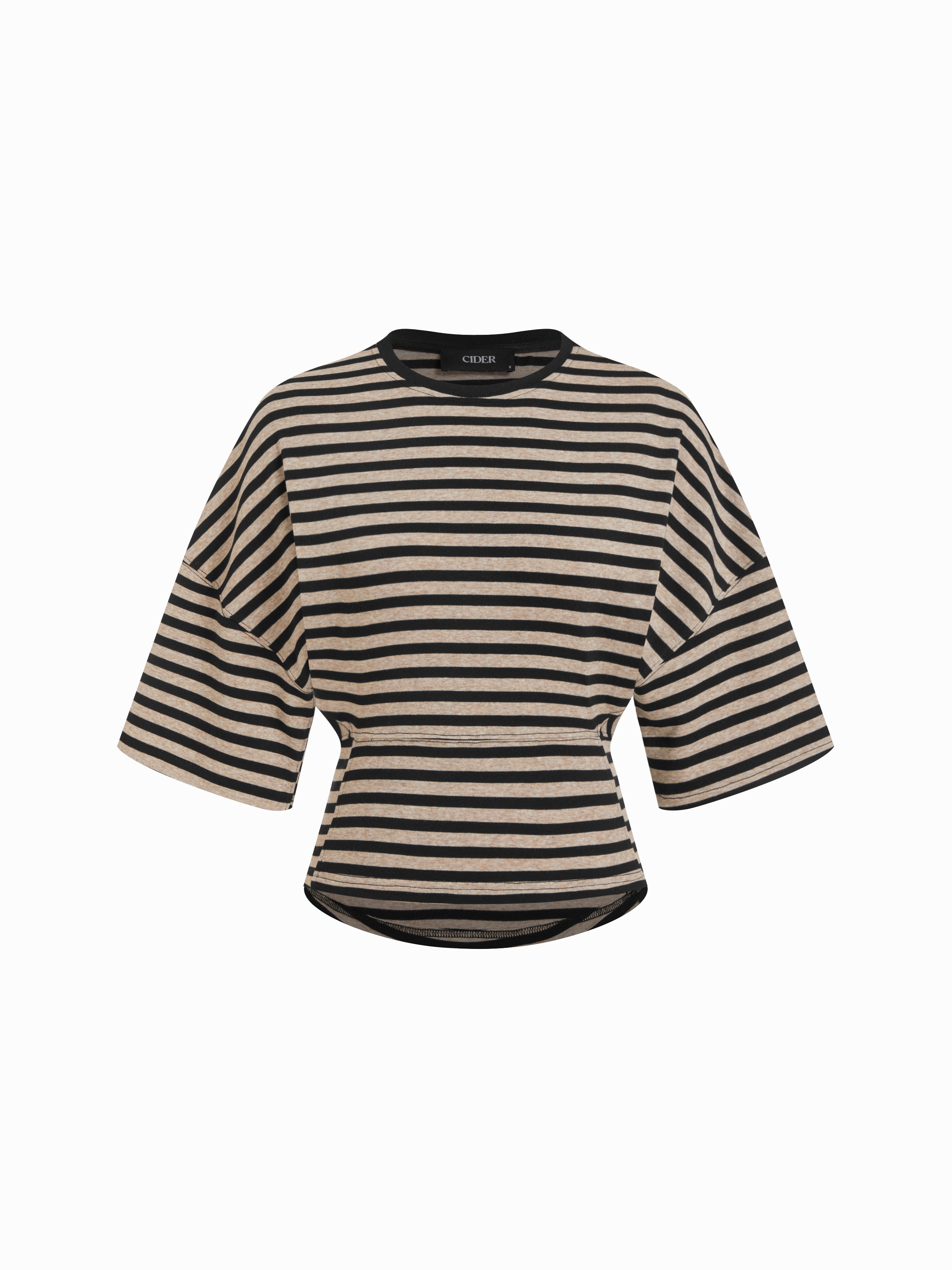 Cotton-blend Stripe Round Neckline Mid-length Sleeve Cinched Waist Tee - Black Stripe