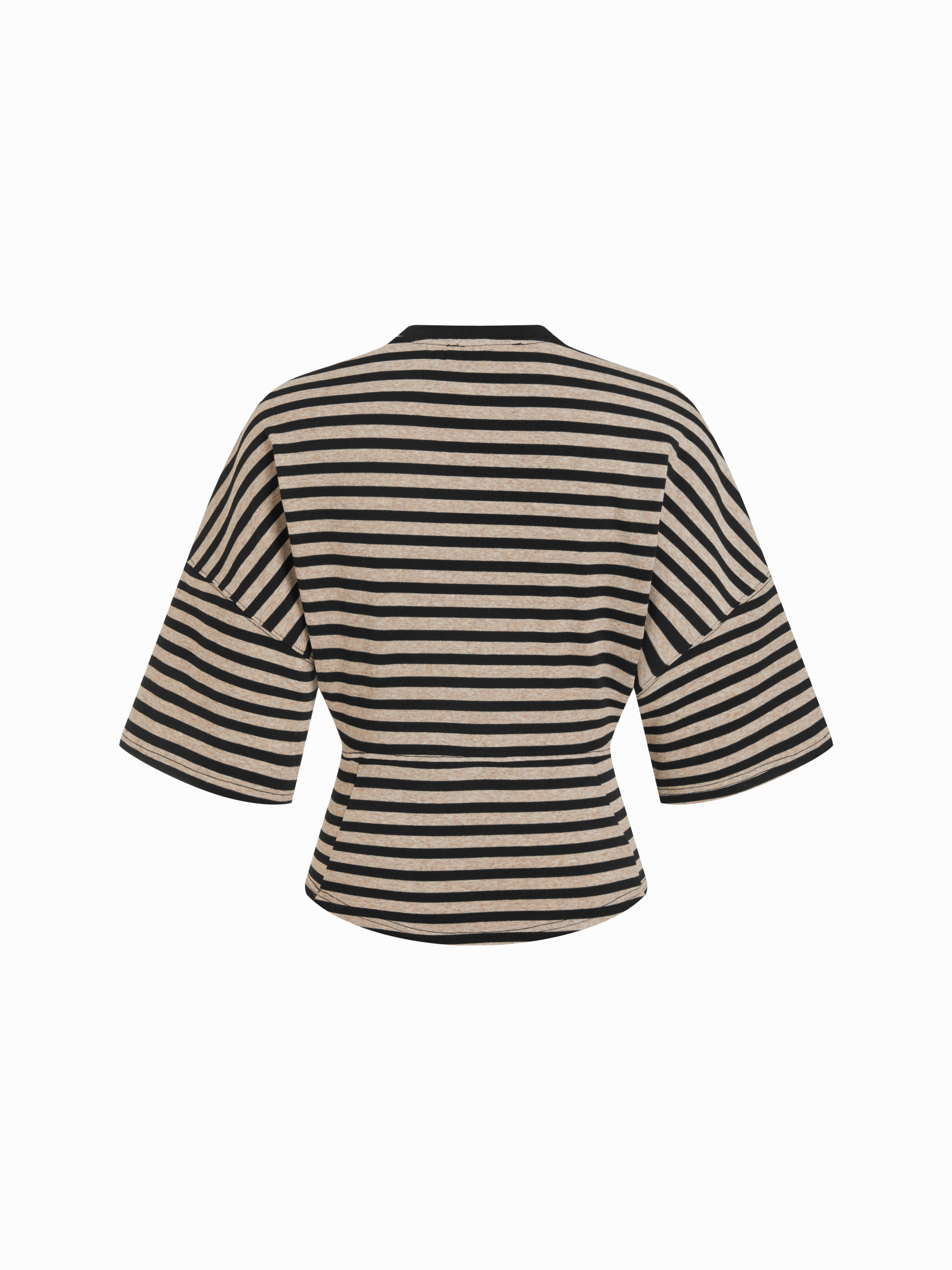 Cotton-blend Stripe Round Neckline Mid-length Sleeve Cinched Waist Tee - Black Stripe