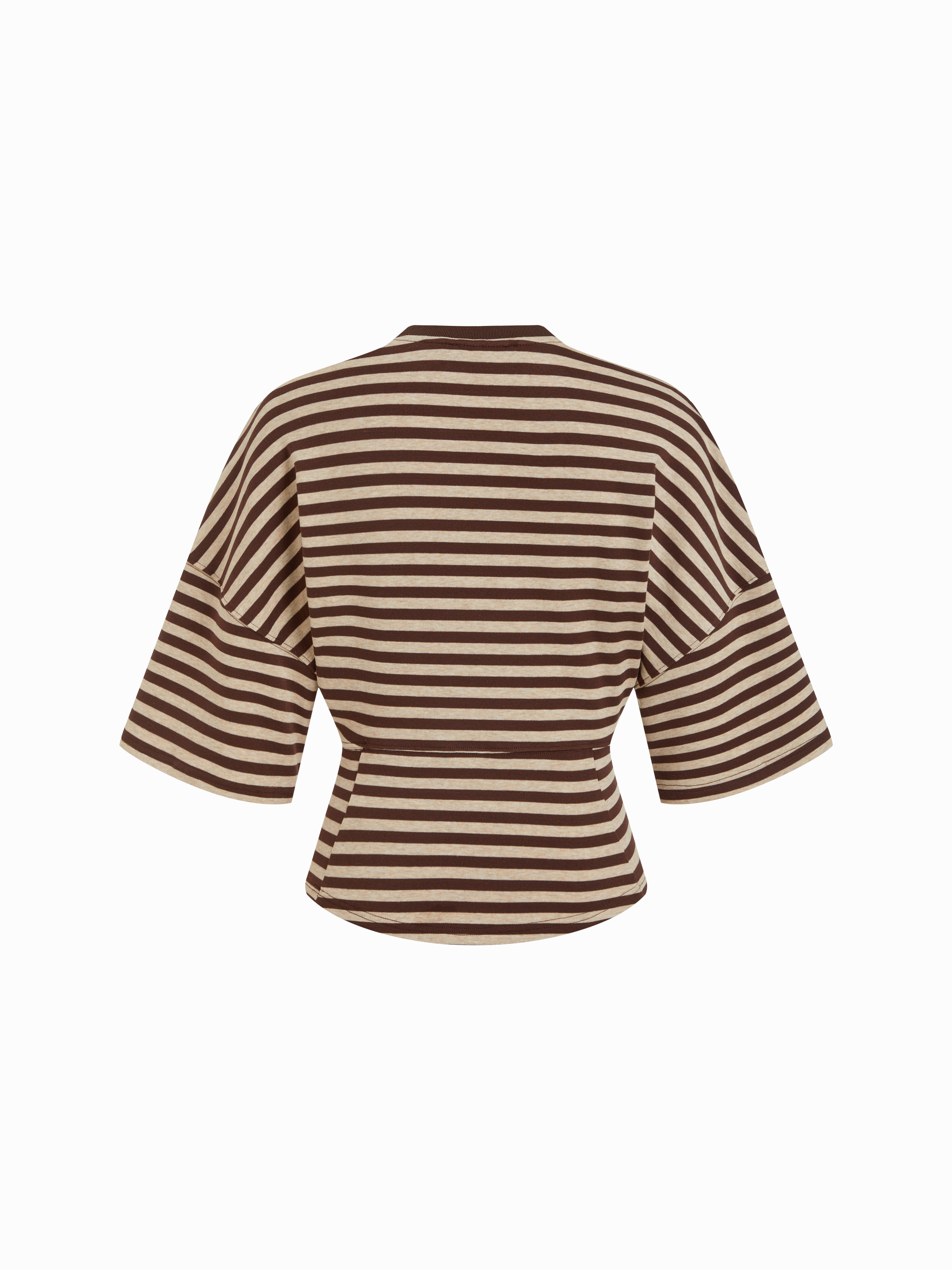 Cotton-blend Stripe Round Neckline Mid-length Sleeve Cinched Waist Tee - Brown