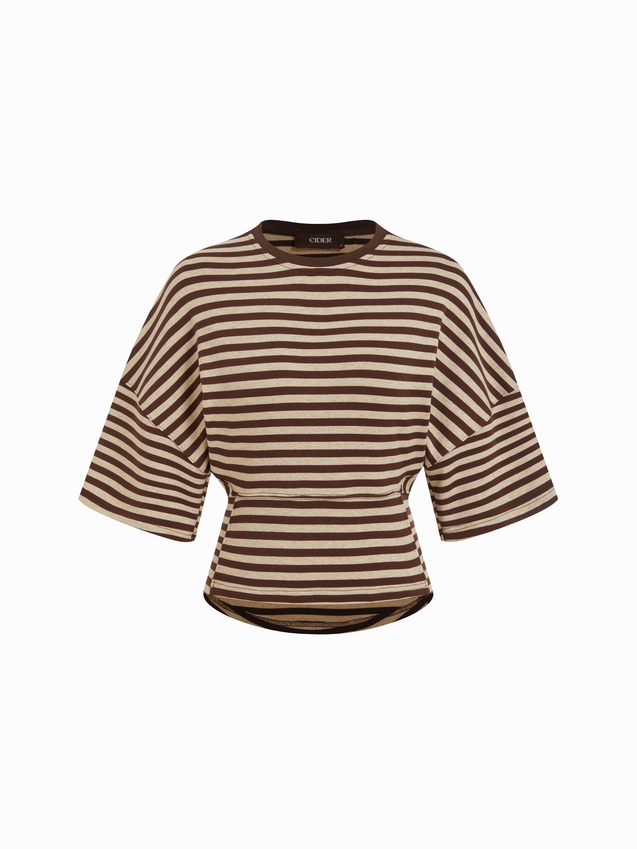 Cotton-blend Stripe Round Neckline Mid-length Sleeve Cinched Waist Tee - Brown