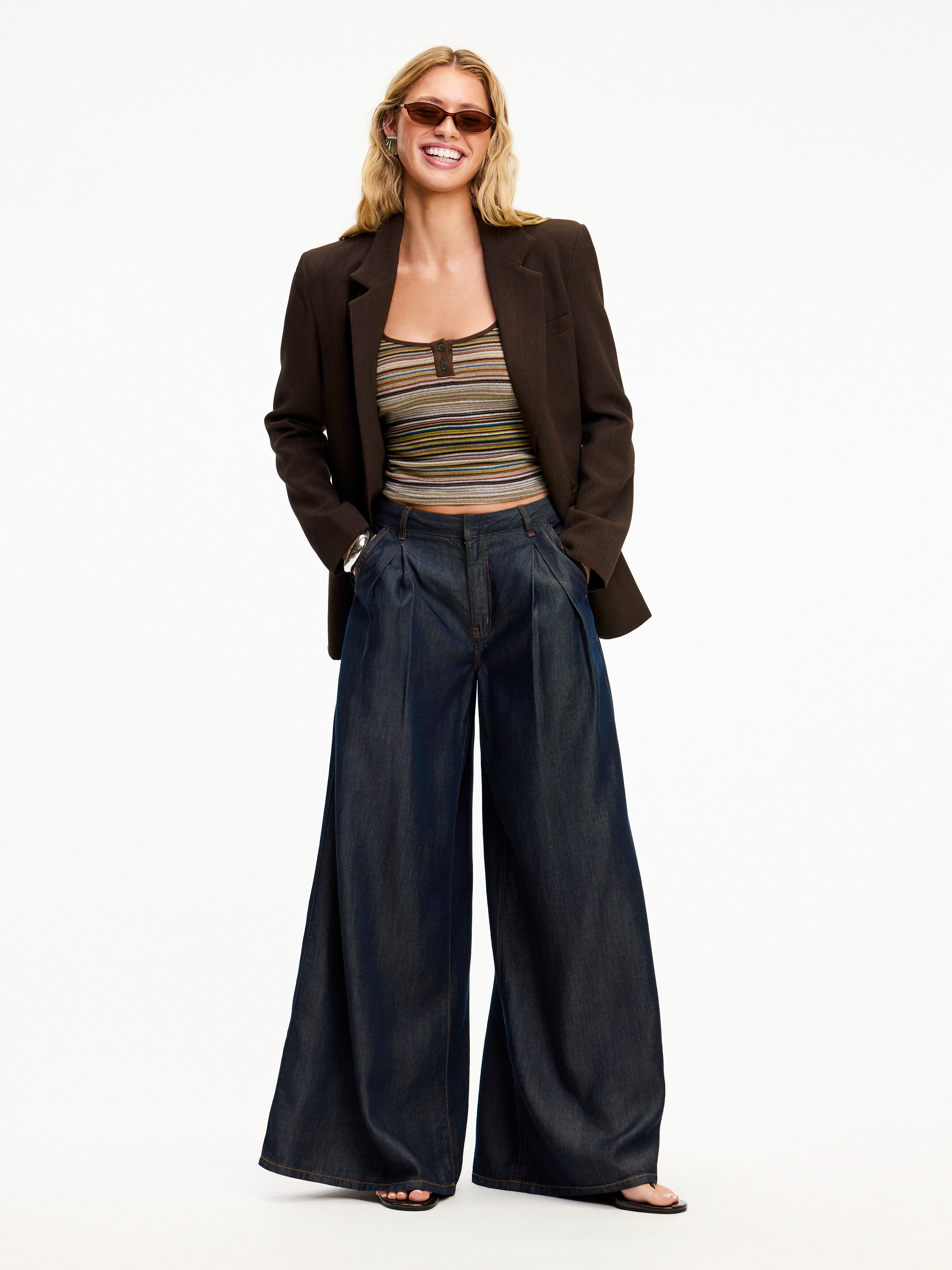 Washed Denim High Rise Draped Wide Leg Jeans
