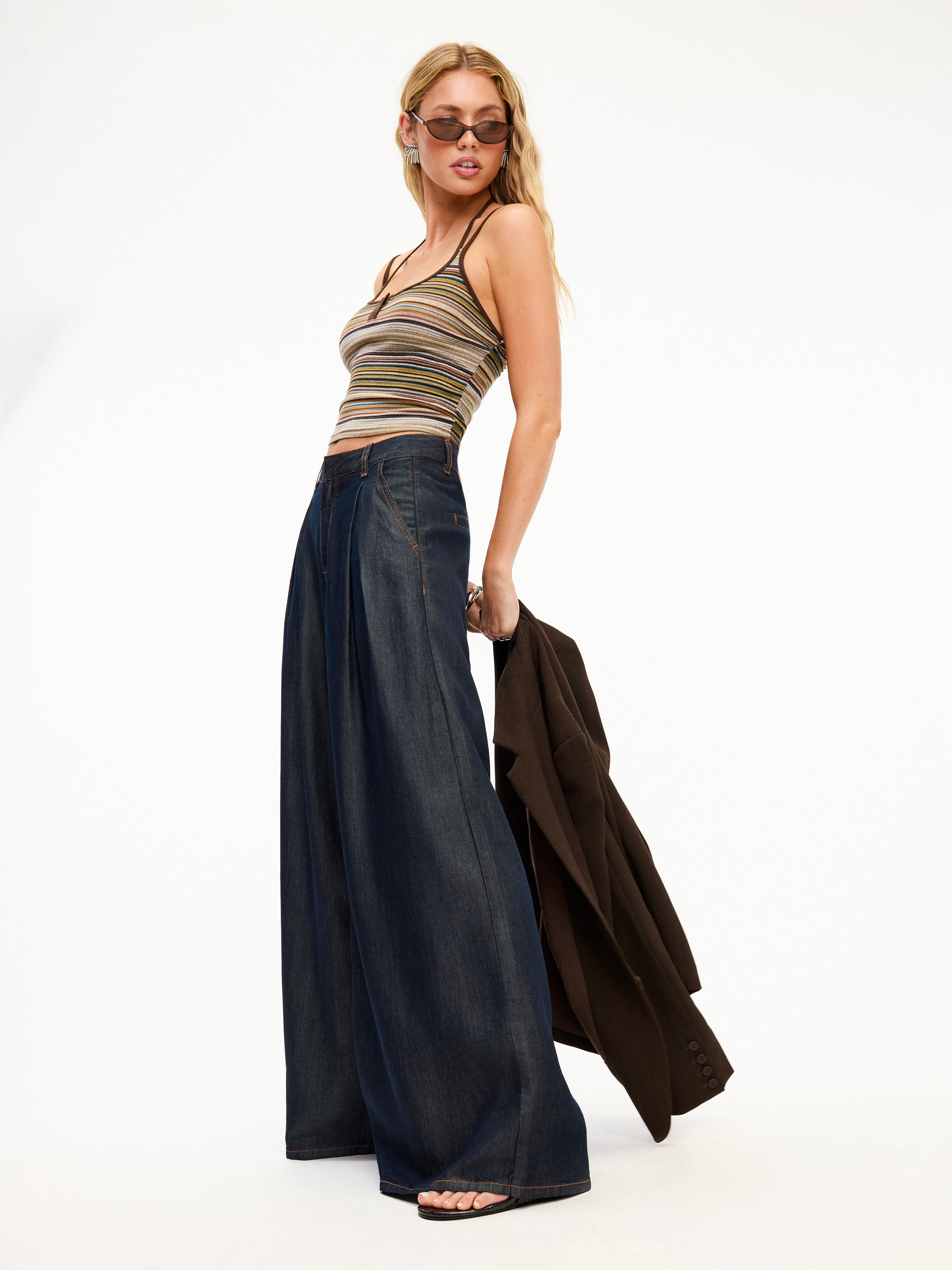 Washed Denim High Rise Draped Wide Leg Jeans