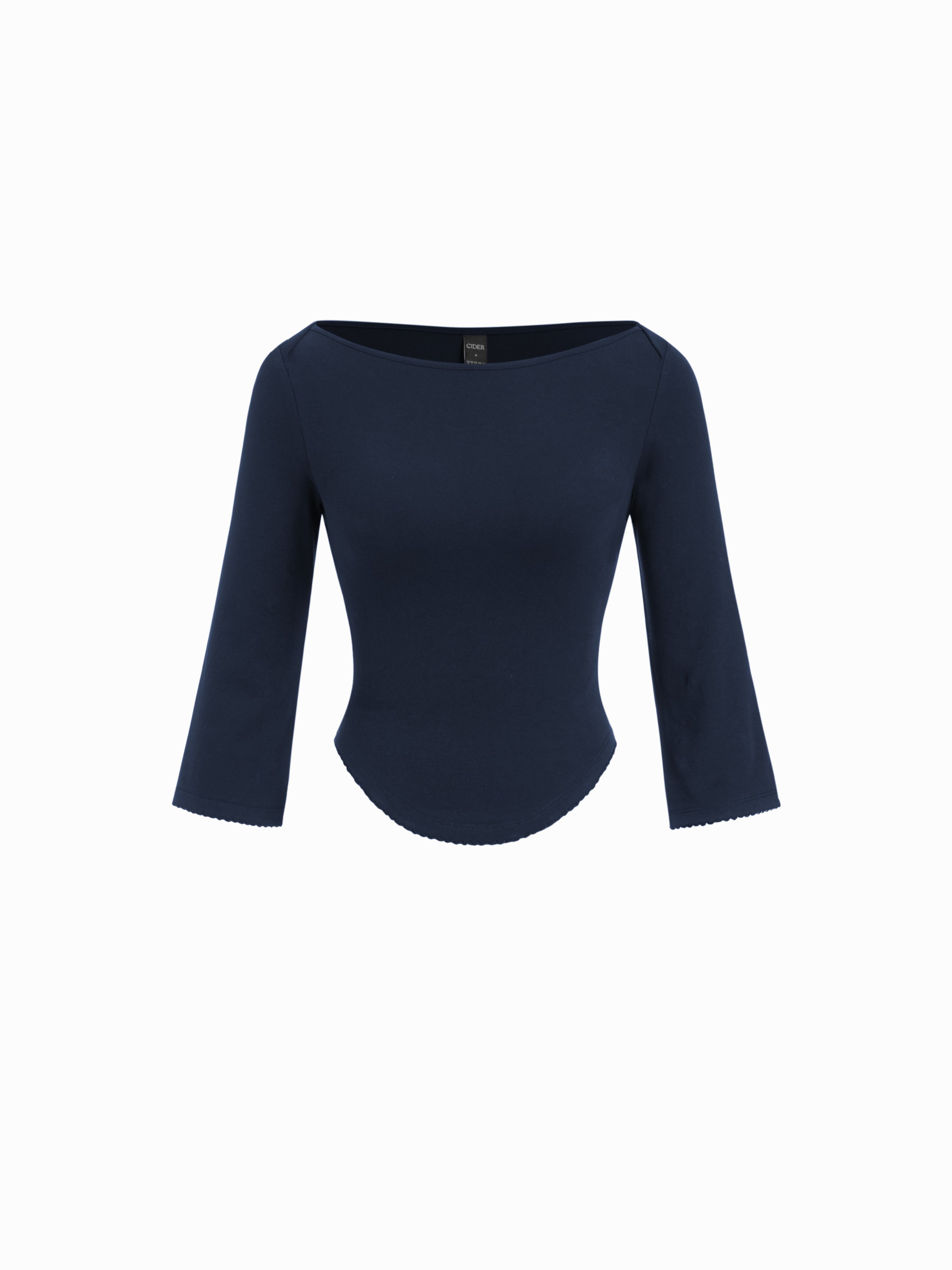 Knit Fabric Boat Neck Curved-Hem 3/4 Long Sleeve Tee - Dark Navy