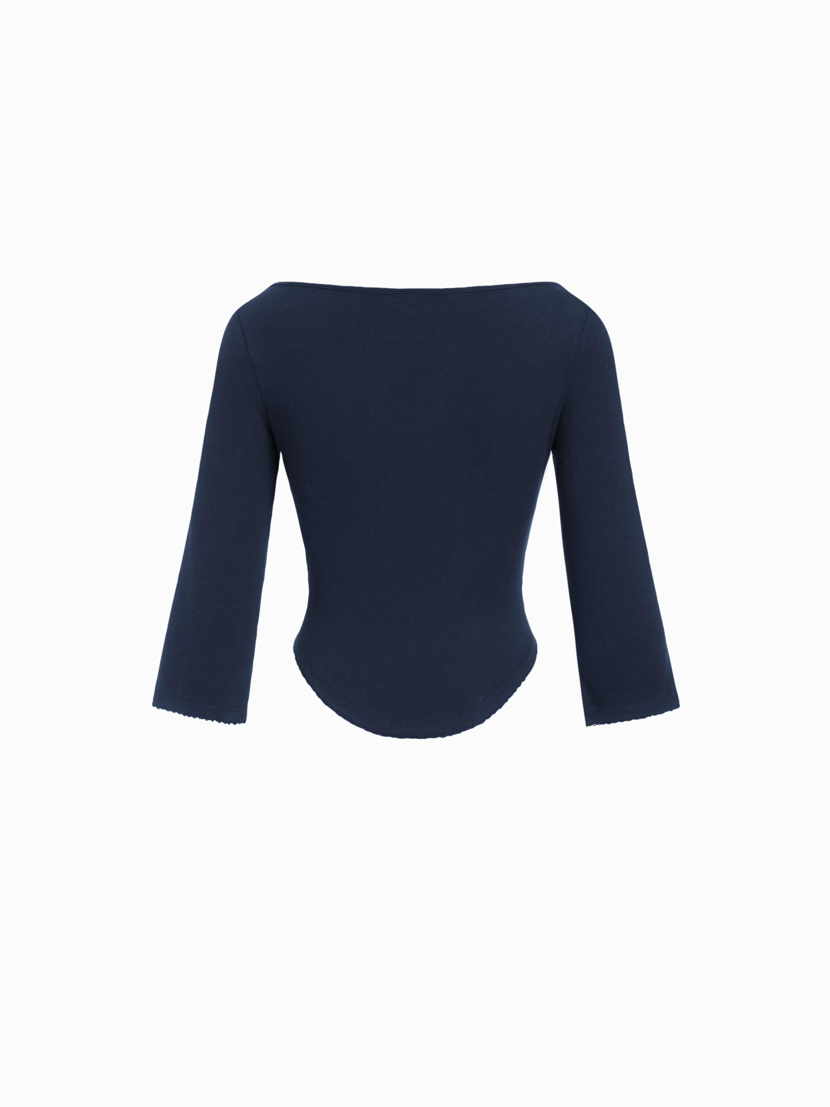 Knit Fabric Boat Neck Curved-Hem 3/4 Long Sleeve Tee - Dark Navy