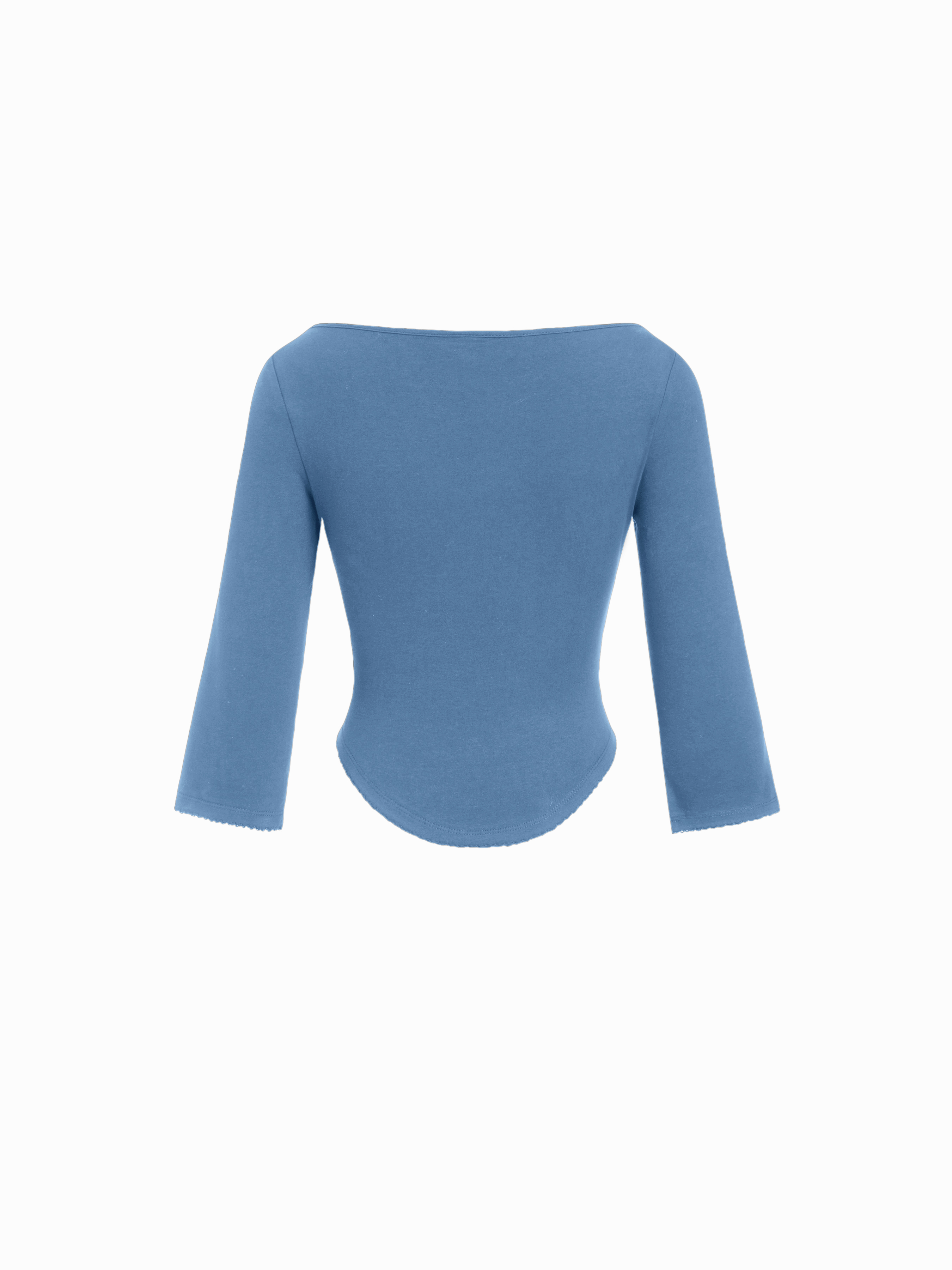 Knit Fabric Boat Neck Curved-Hem 3/4 Long Sleeve Tee - Mid Blue