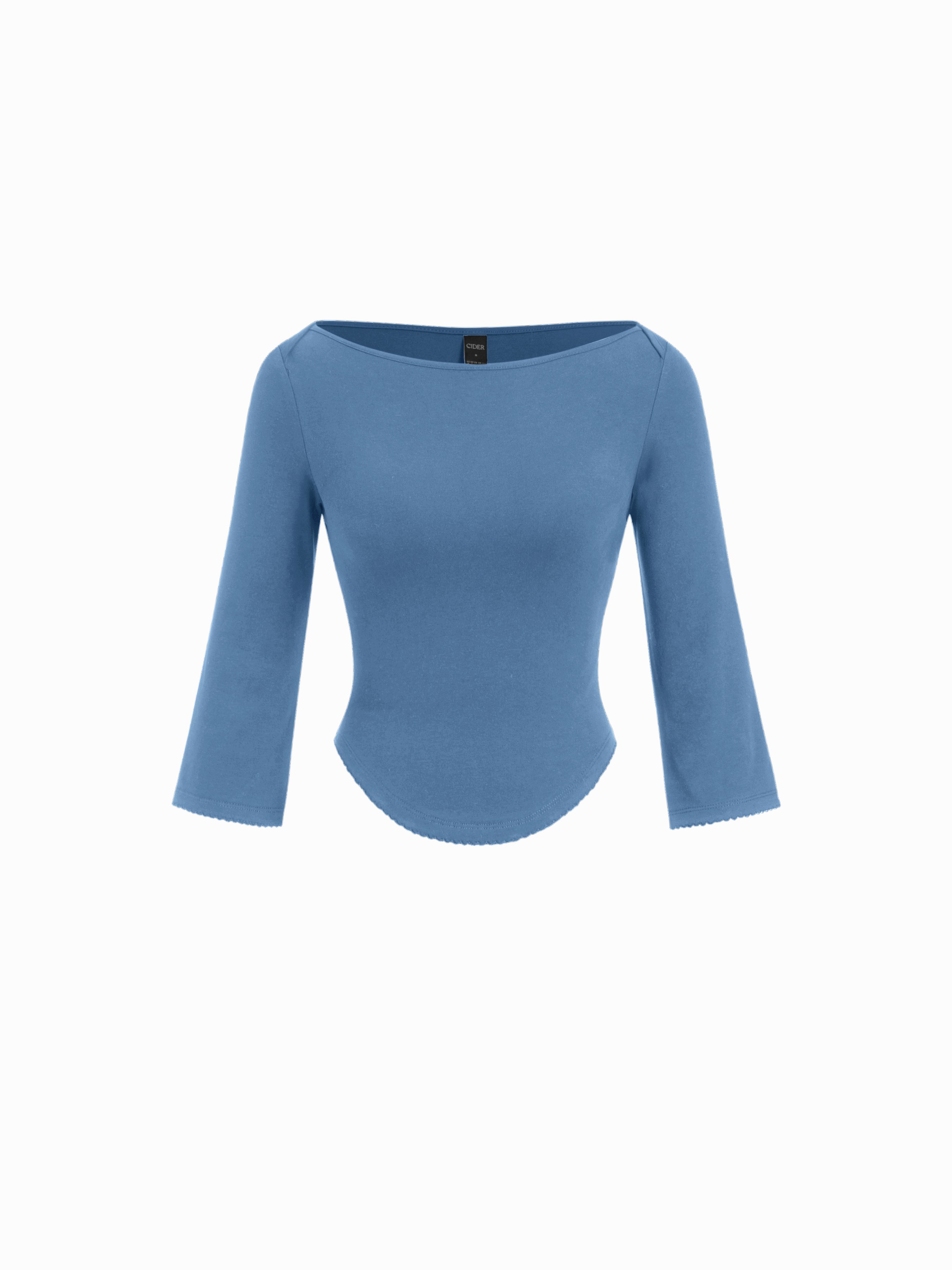 Knit Fabric Boat Neck Curved-Hem 3/4 Long Sleeve Tee - Mid Blue