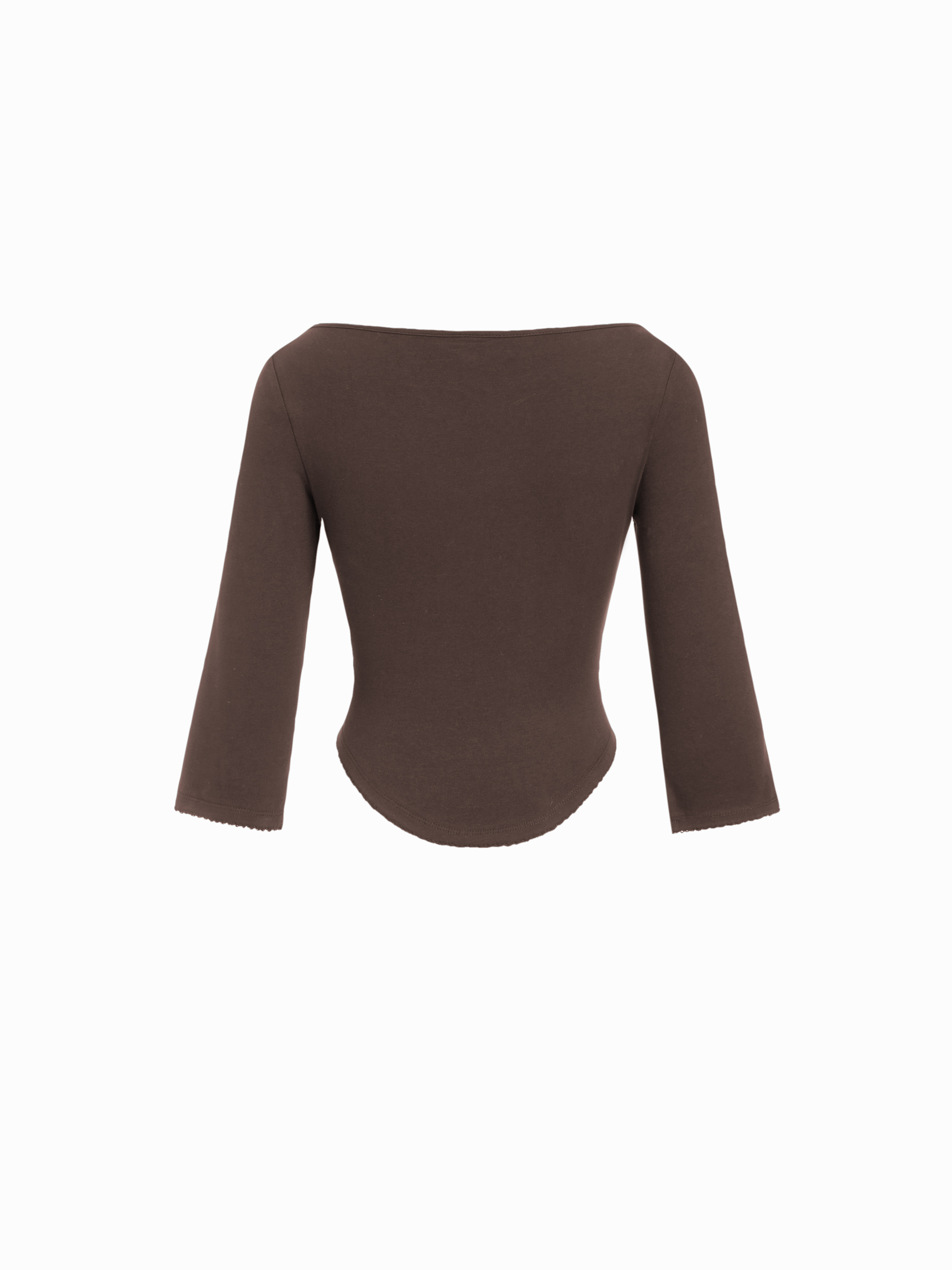 Knit Fabric Boat Neck Curved-Hem 3/4 Long Sleeve Tee - Brown