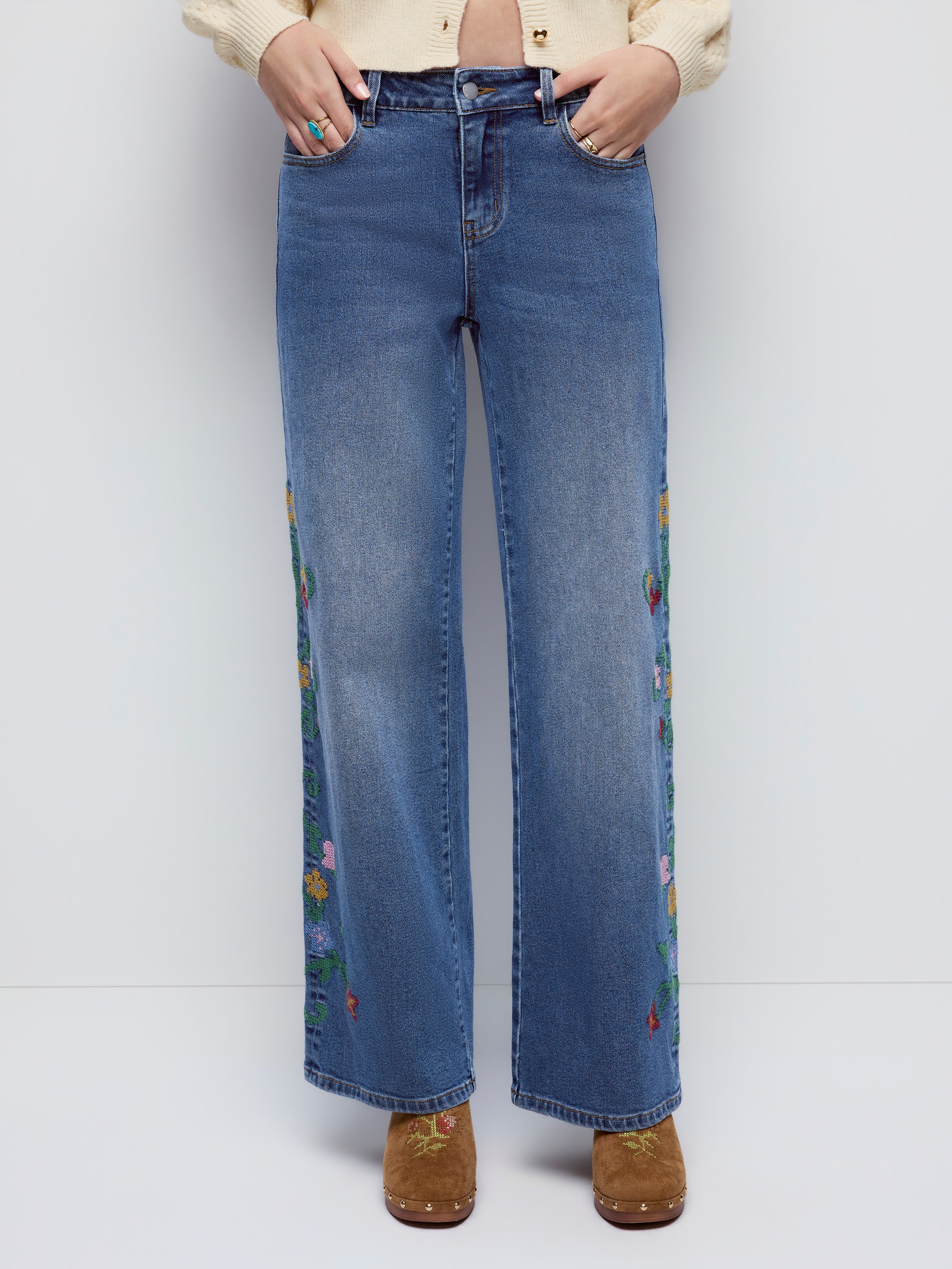 Denim High Rise Floral Embroidery Metal Detail Wide Leg Jeans