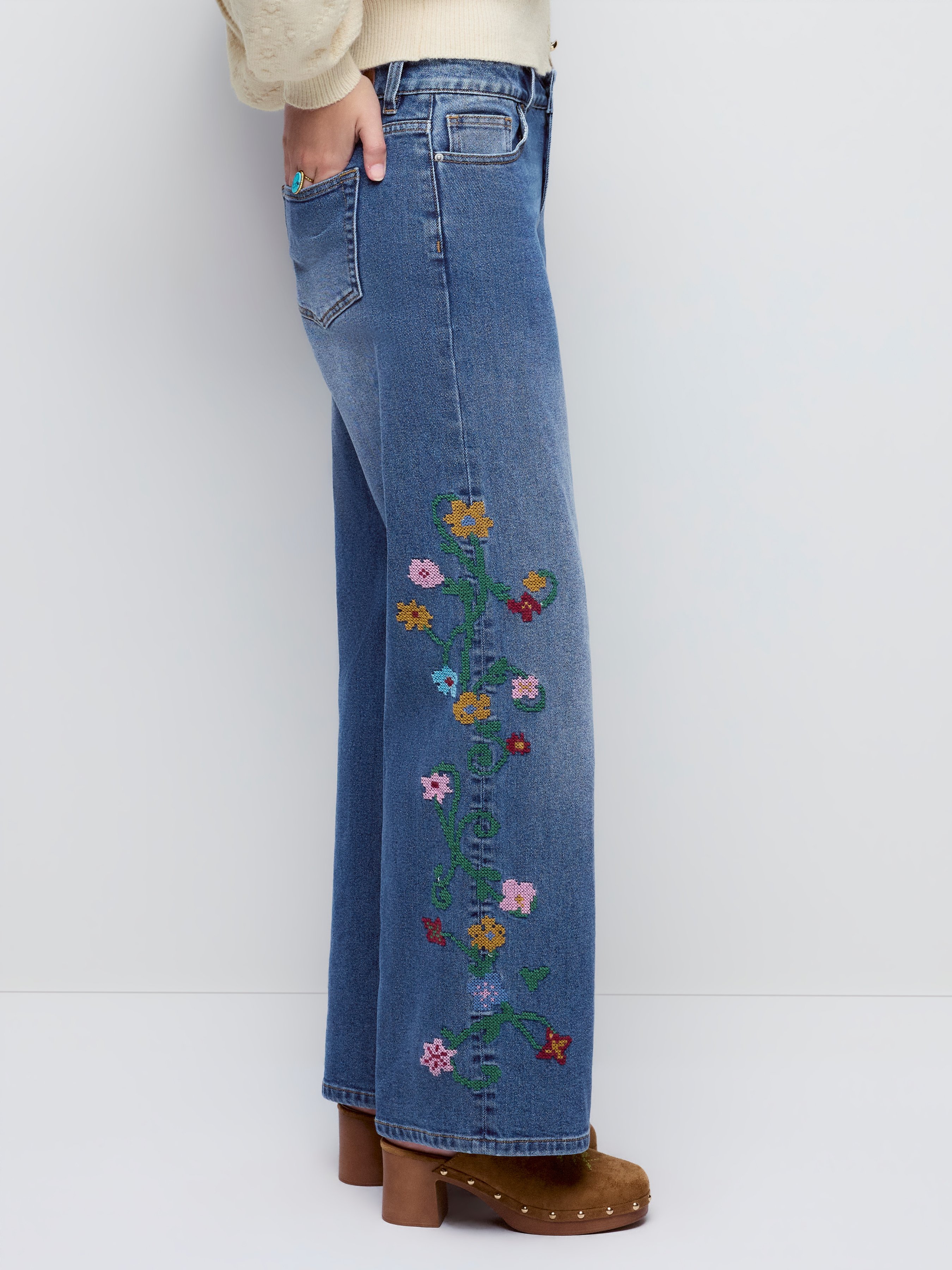 Denim High Rise Floral Embroidery Metal Detail Wide Leg Jeans