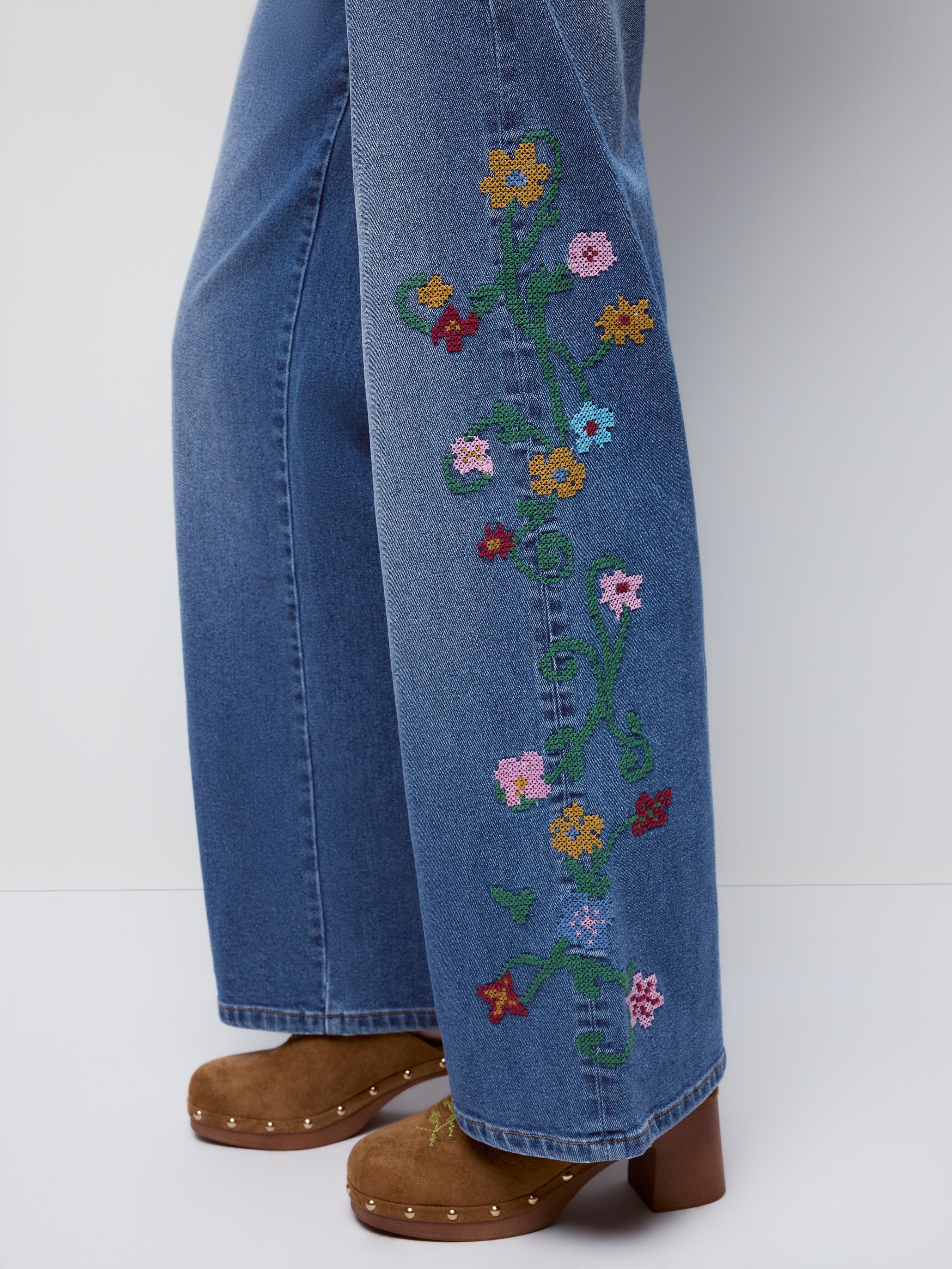 Denim High Rise Floral Embroidery Metal Detail Wide Leg Jeans
