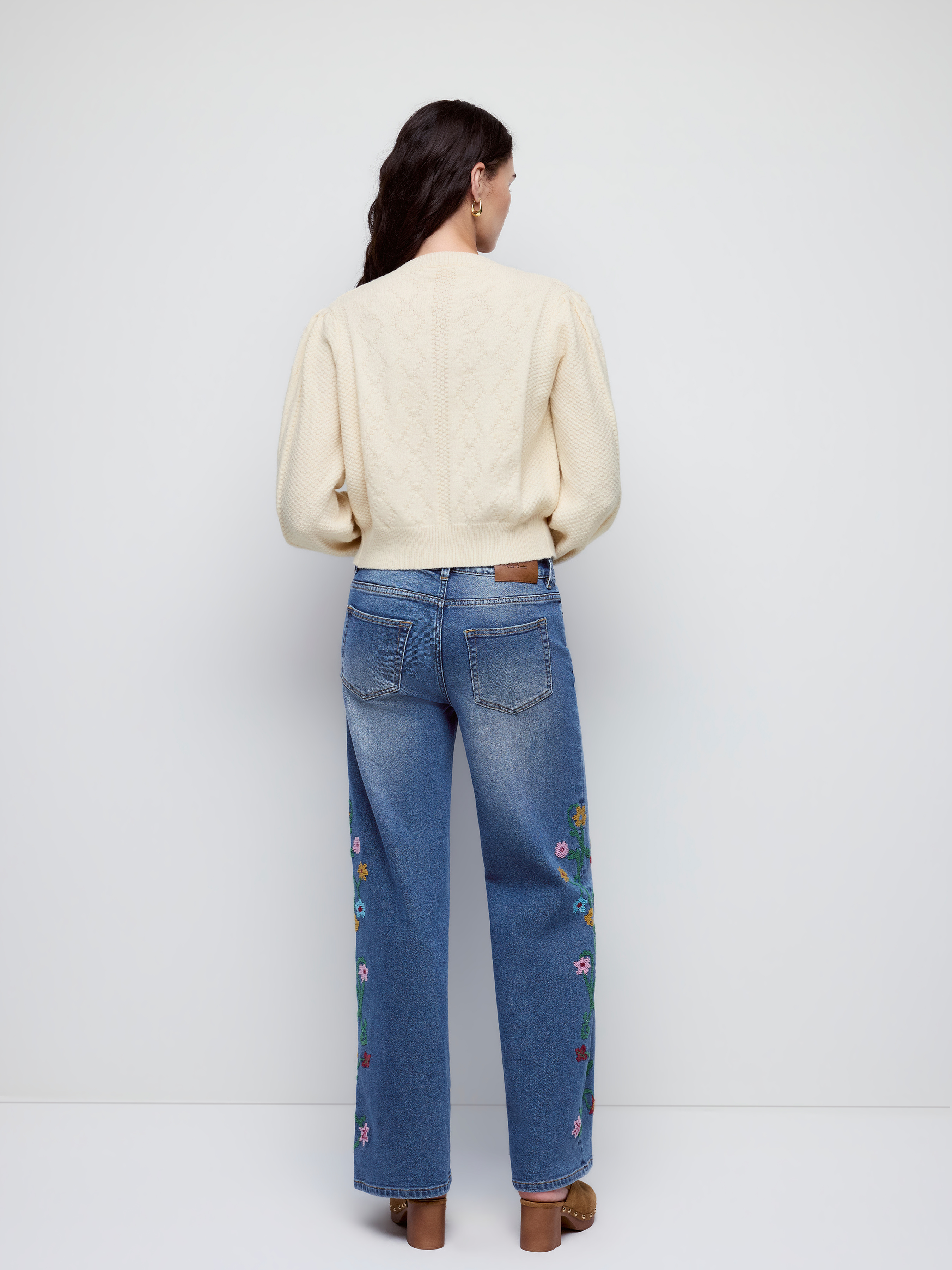 Denim High Rise Floral Embroidery Metal Detail Wide Leg Jeans