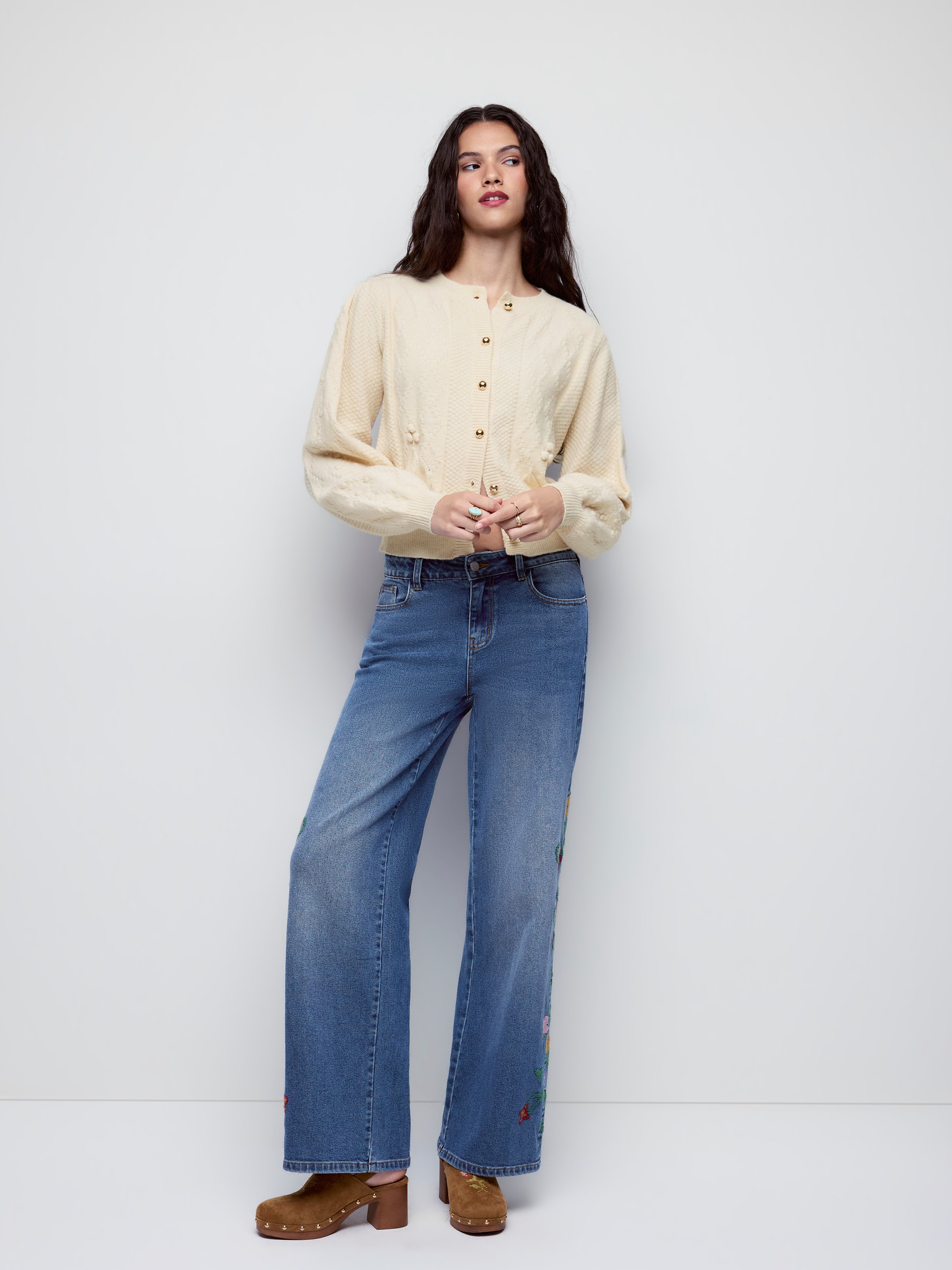 Denim High Rise Floral Embroidery Metal Detail Wide Leg Jeans