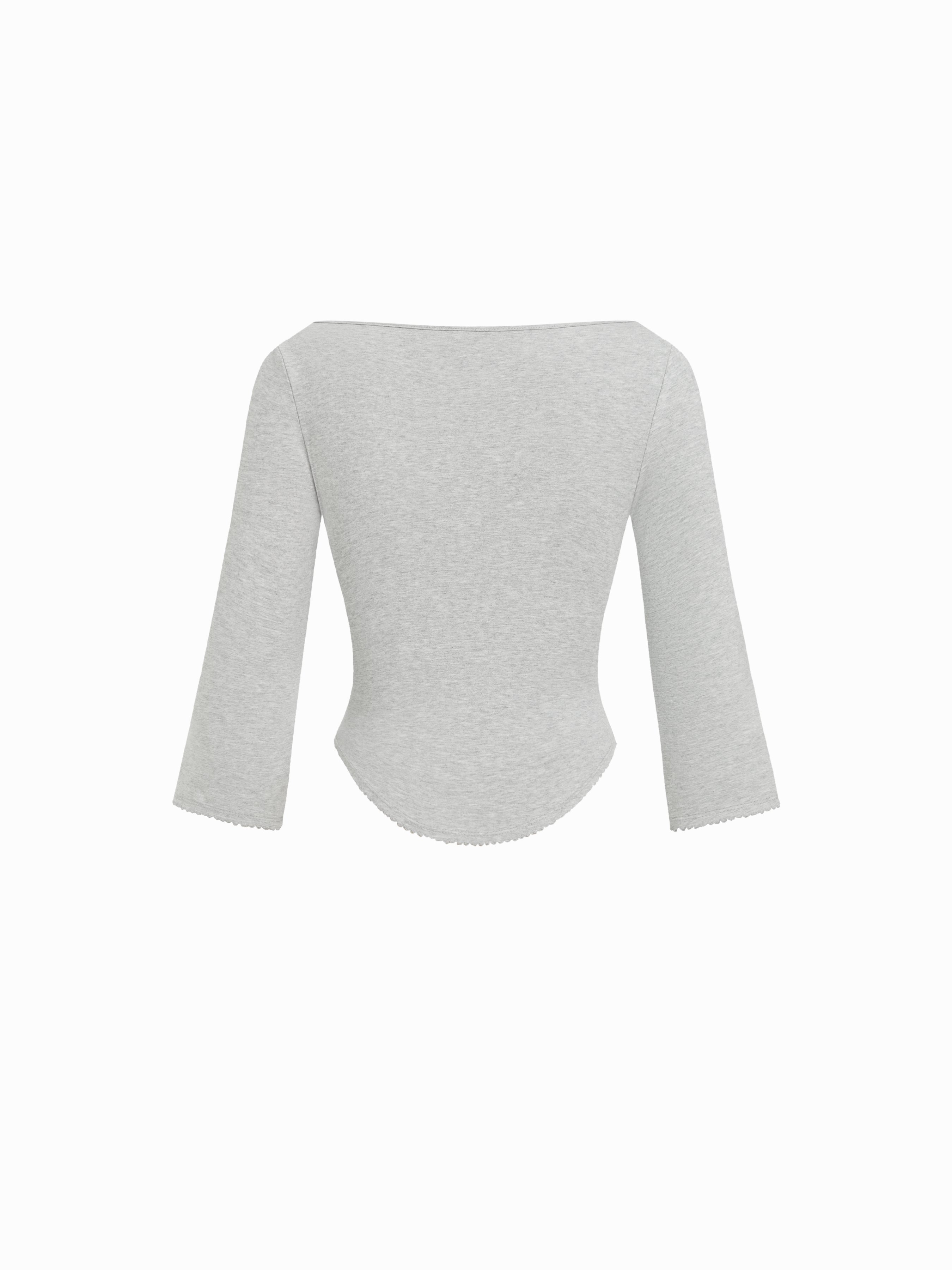 Knit Fabric Boat Neck Curved-Hem 3/4 Long Sleeve Tee - Light Grey