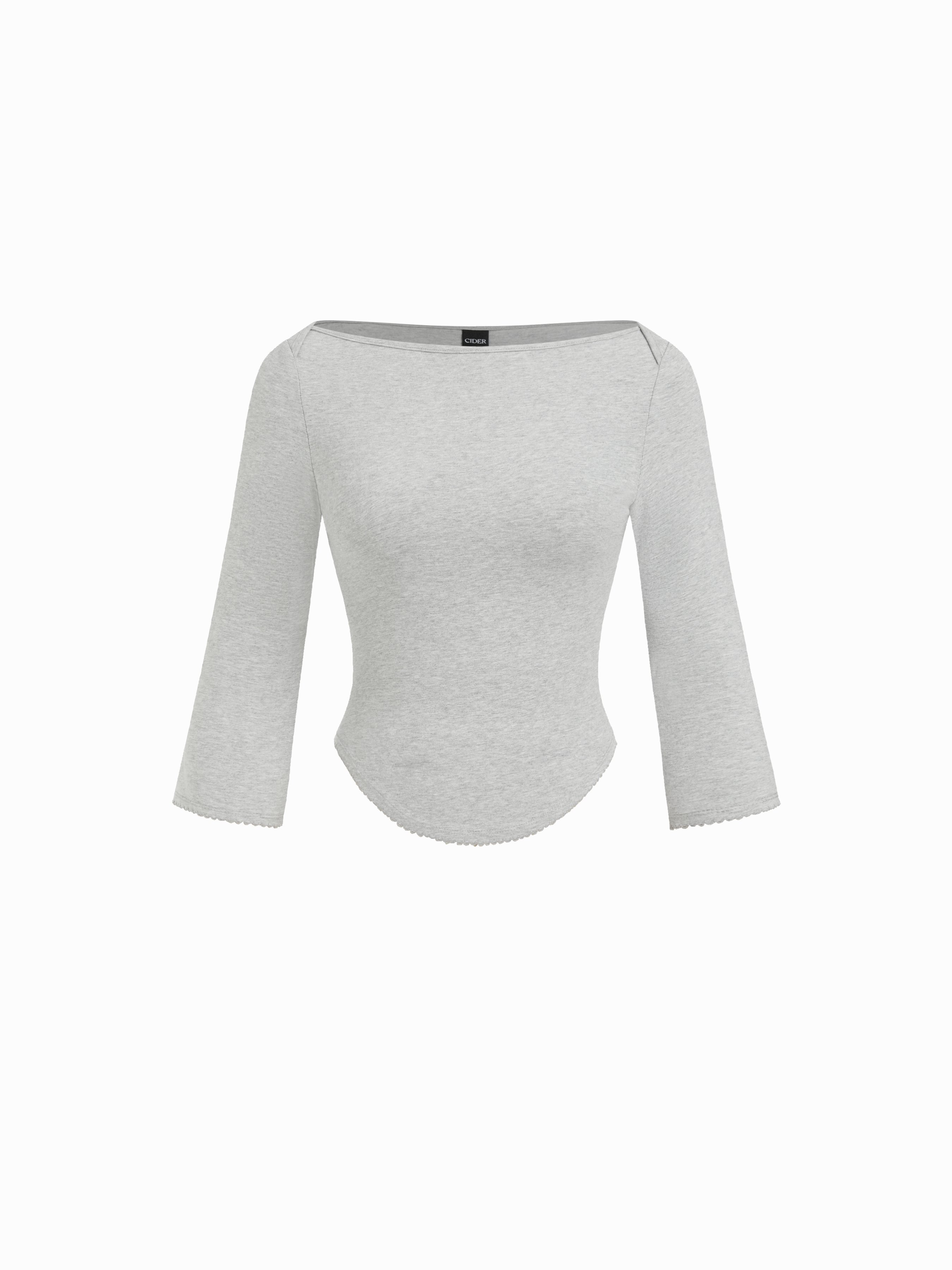 Knit Fabric Boat Neck Curved-Hem 3/4 Long Sleeve Tee - Light Grey