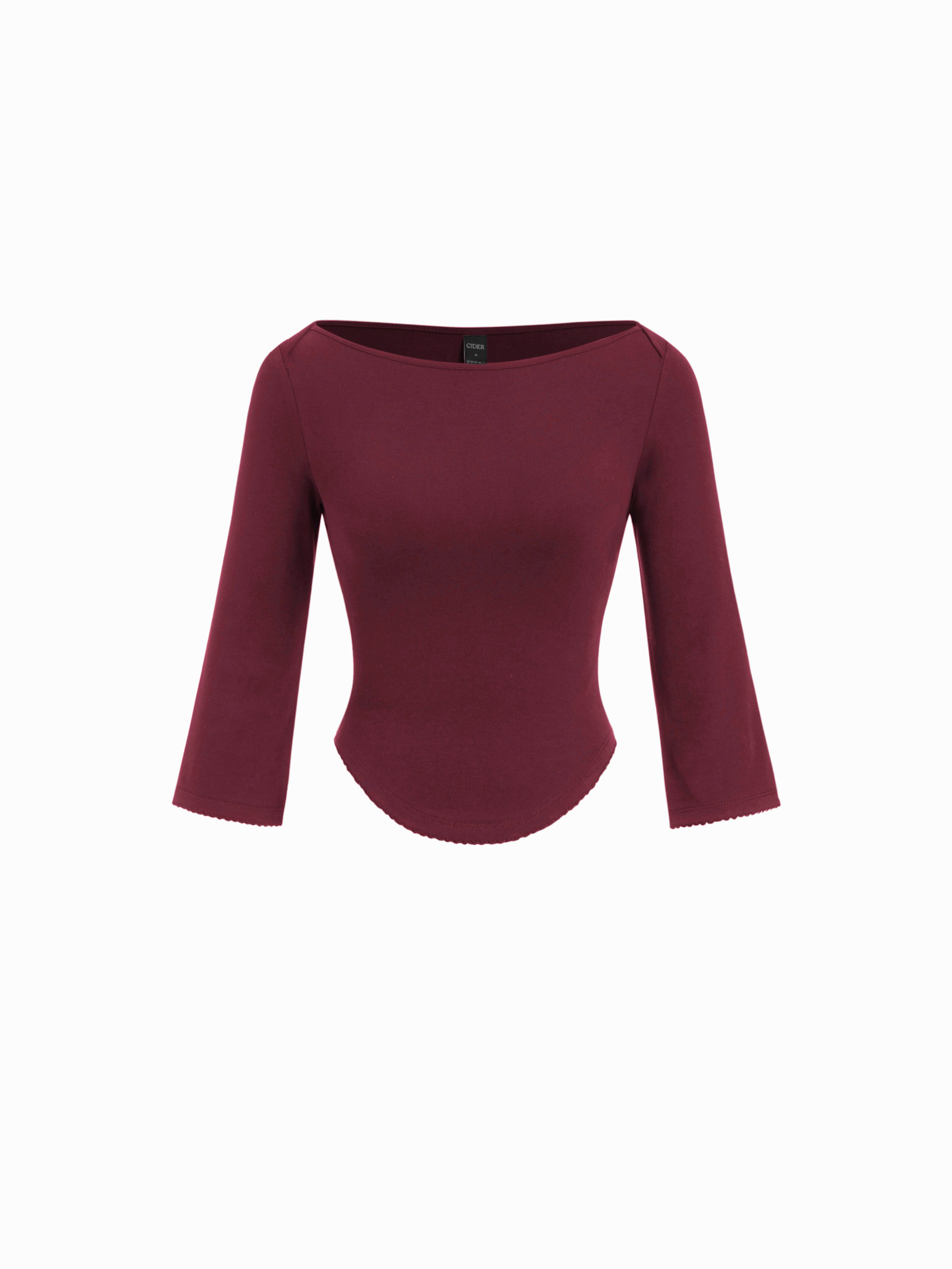 Knit Fabric Boat Neck Curved-Hem 3/4 Long Sleeve Tee - Wine