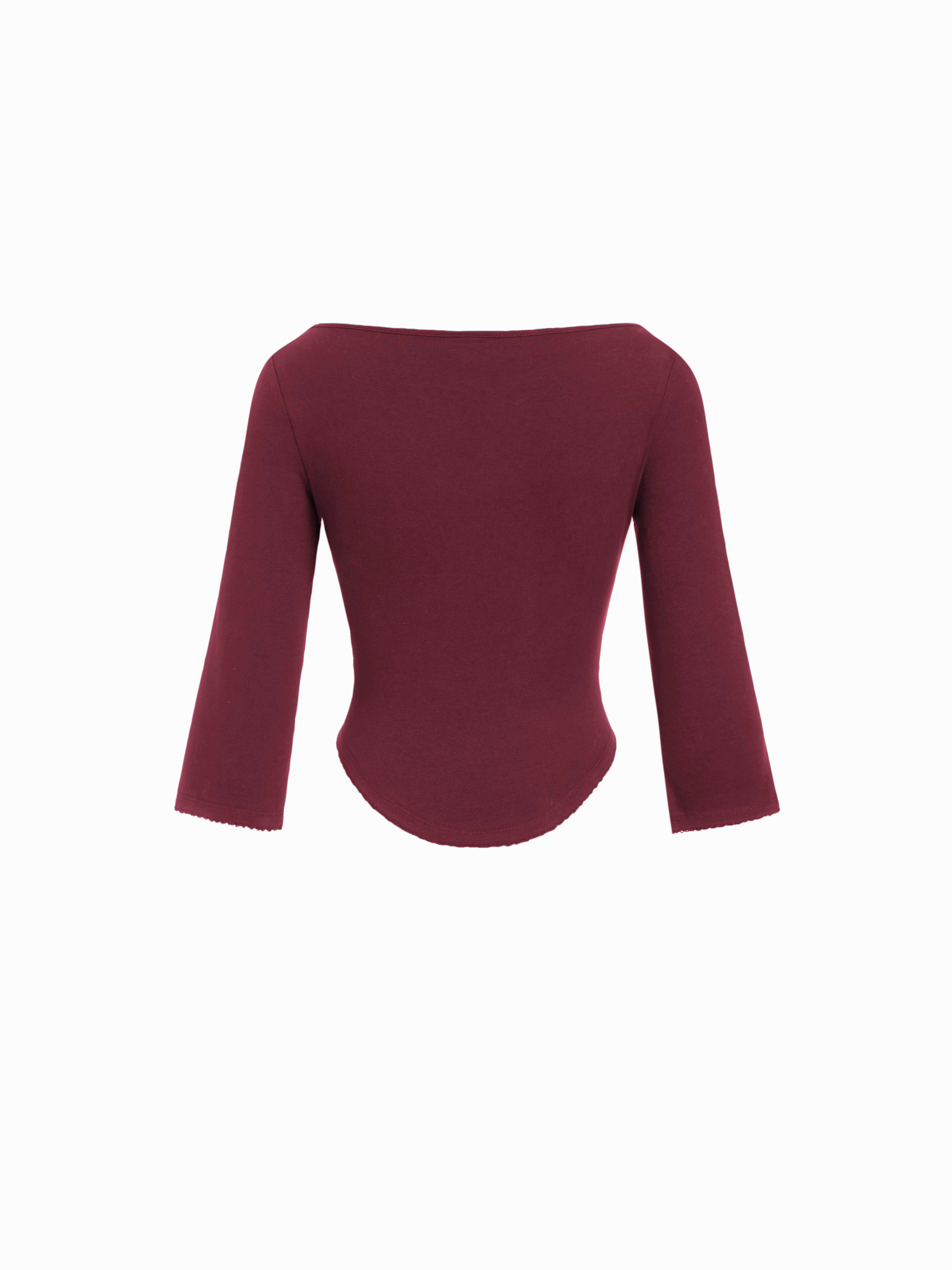 Knit Fabric Boat Neck Curved-Hem 3/4 Long Sleeve Tee - Wine