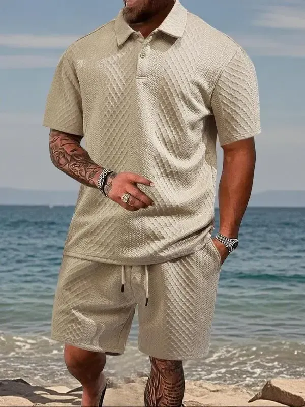🔥8-Pack Men's Textured Polo & Shorts Sets – Casual Summer Two-Piece Outfits