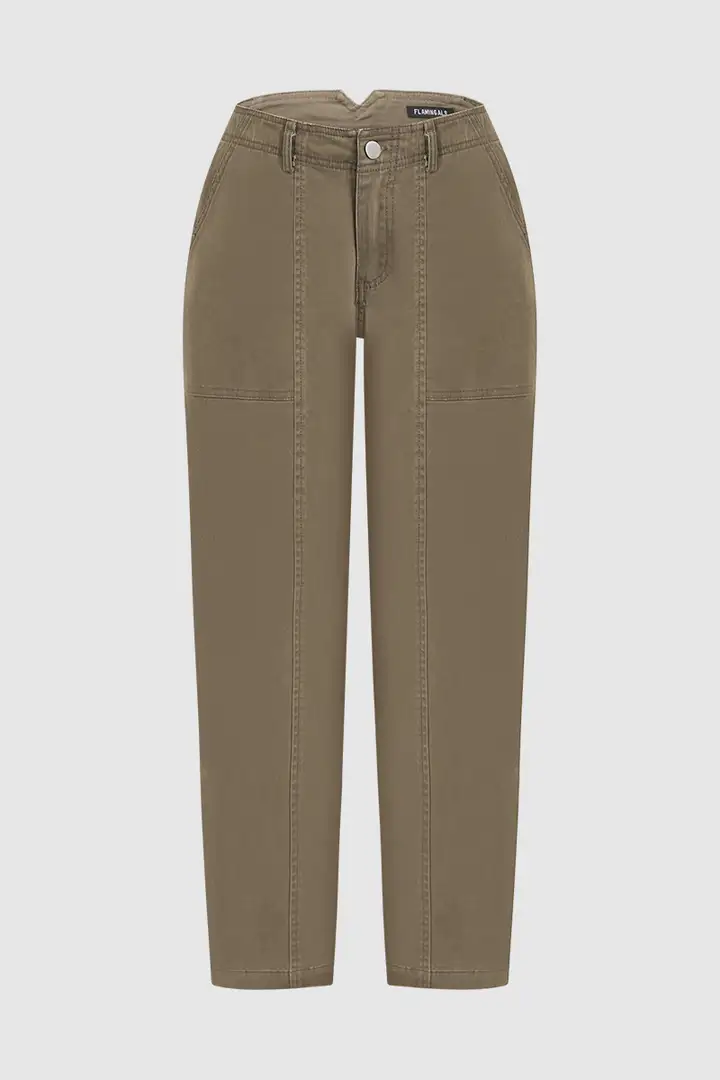 ⚡FINAL SALE⚡- Solid Stitch Detail Mid Waist Barrel Leg Pants Without Belt