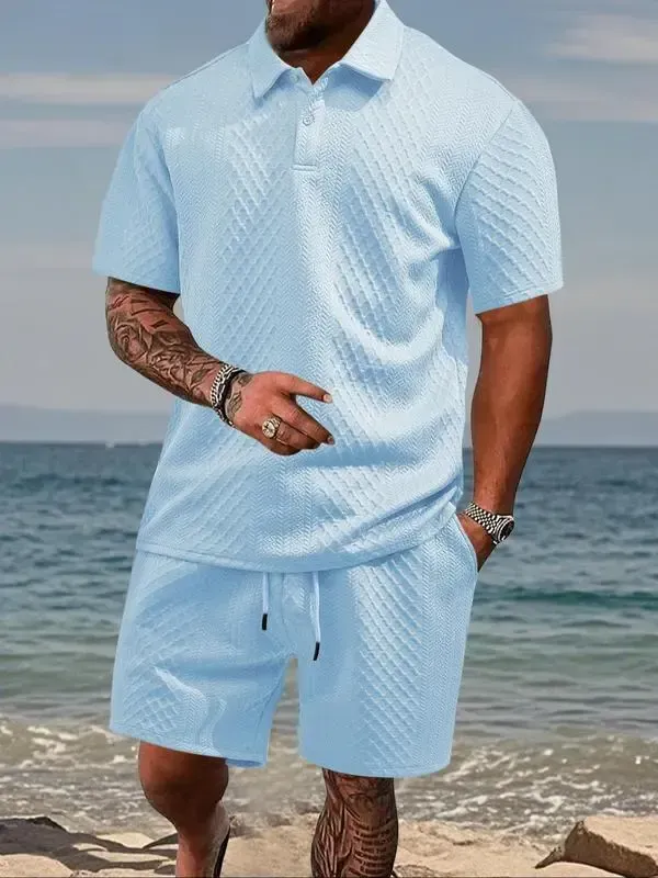 🔥8-Pack Men's Textured Polo & Shorts Sets – Casual Summer Two-Piece Outfits