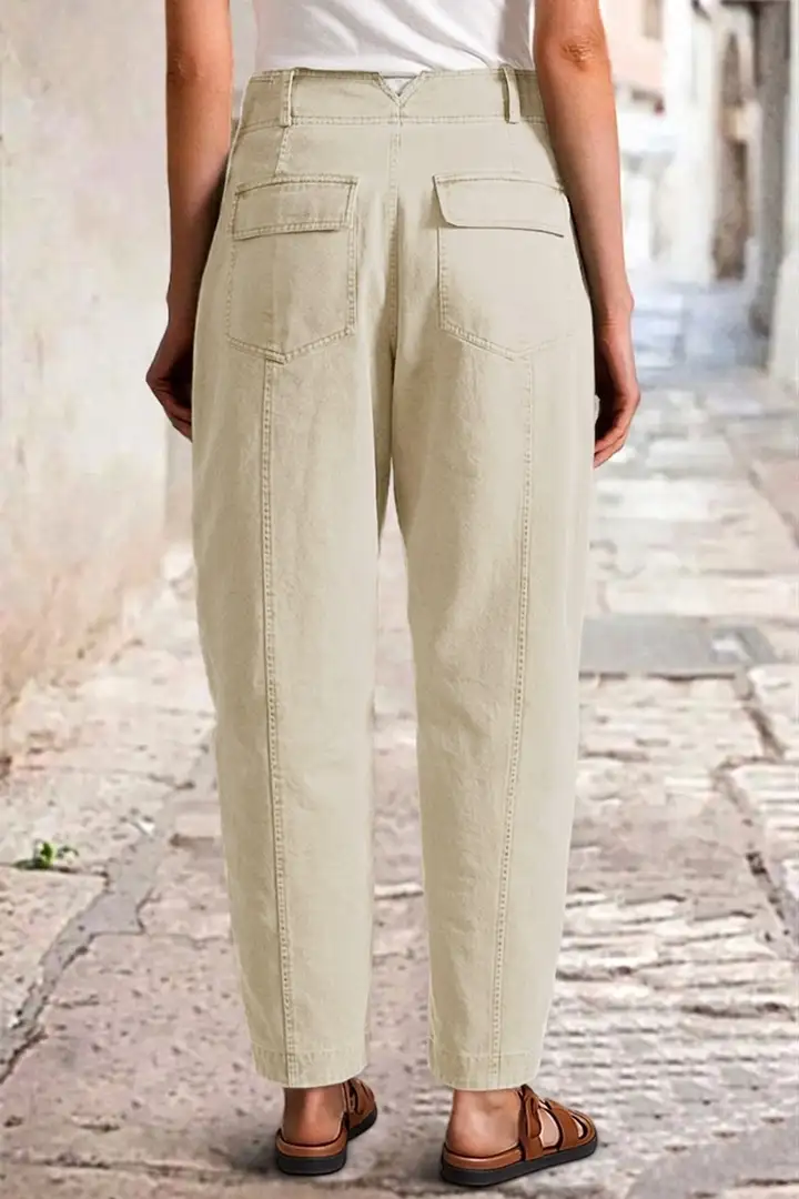 ⚡FINAL SALE⚡- Solid Stitch Detail Mid Waist Barrel Leg Pants Without Belt