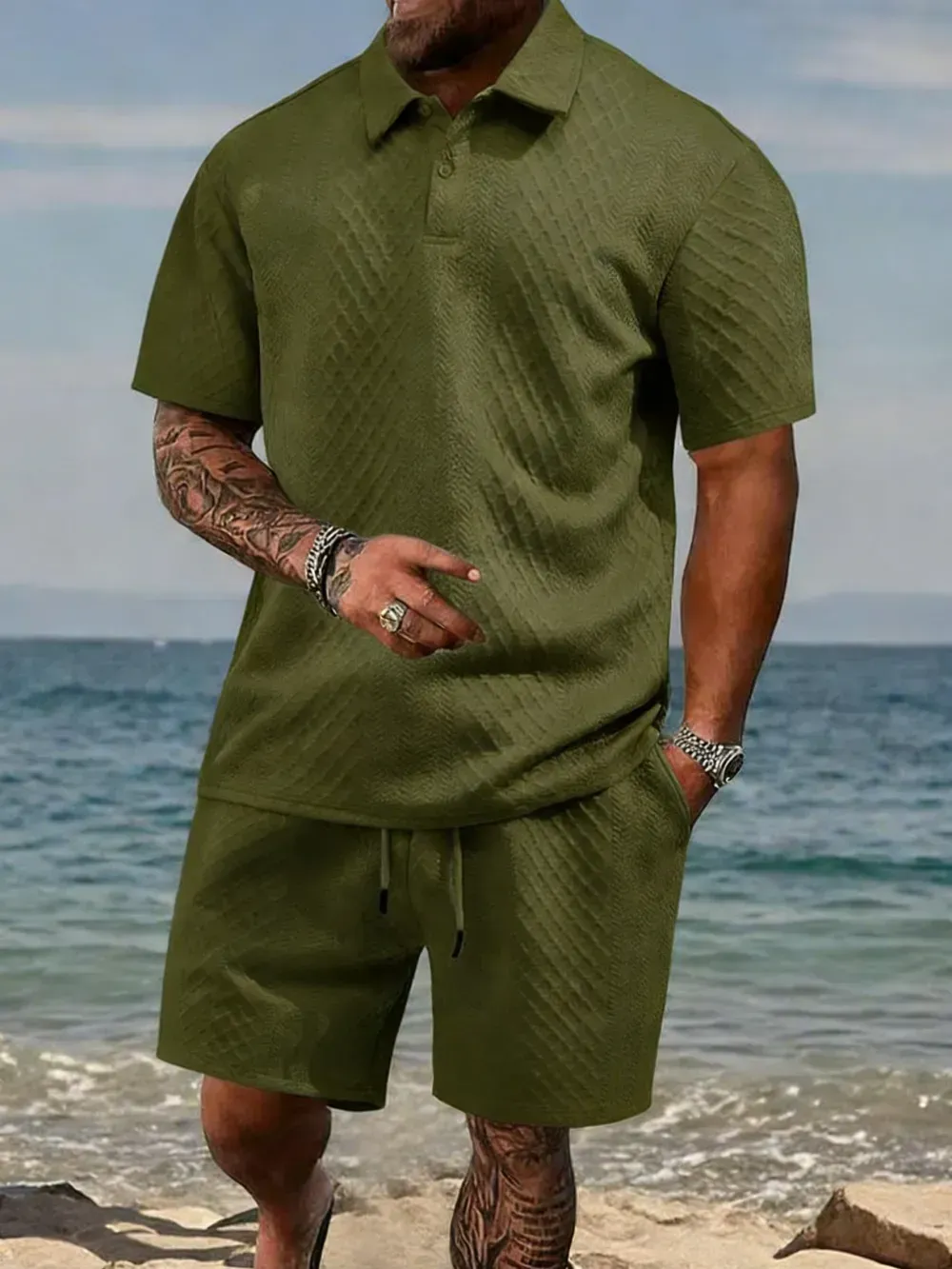🔥8-Pack Men's Textured Polo & Shorts Sets – Casual Summer Two-Piece Outfits