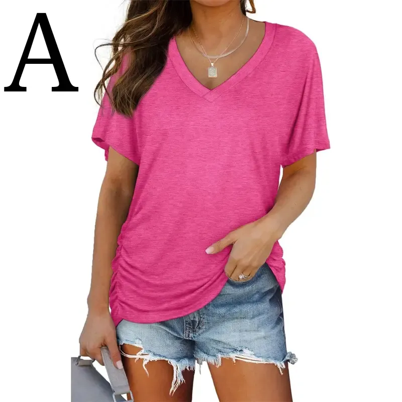 Womens Short Sleeve V Neck Dolman Tops with Side Shirring