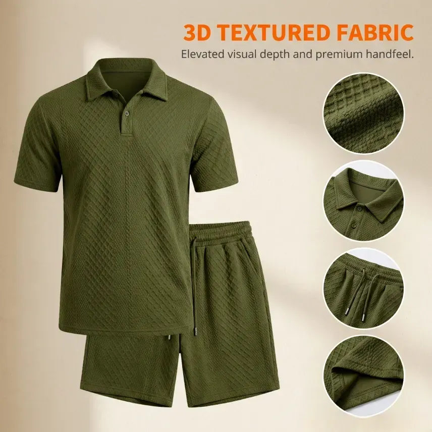 🔥8-Pack Men's Textured Polo & Shorts Sets – Casual Summer Two-Piece Outfits