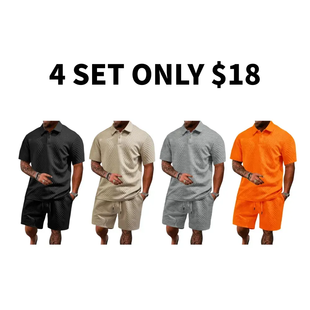 🔥8-Pack Men's Textured Polo & Shorts Sets – Casual Summer Two-Piece Outfits