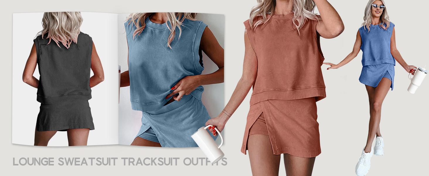UANEO Summer Sets Women 2 Piece Outfits Shorts Tank Top and Casual Skort Lined Split Athletic Skirt Set Travel Outfit