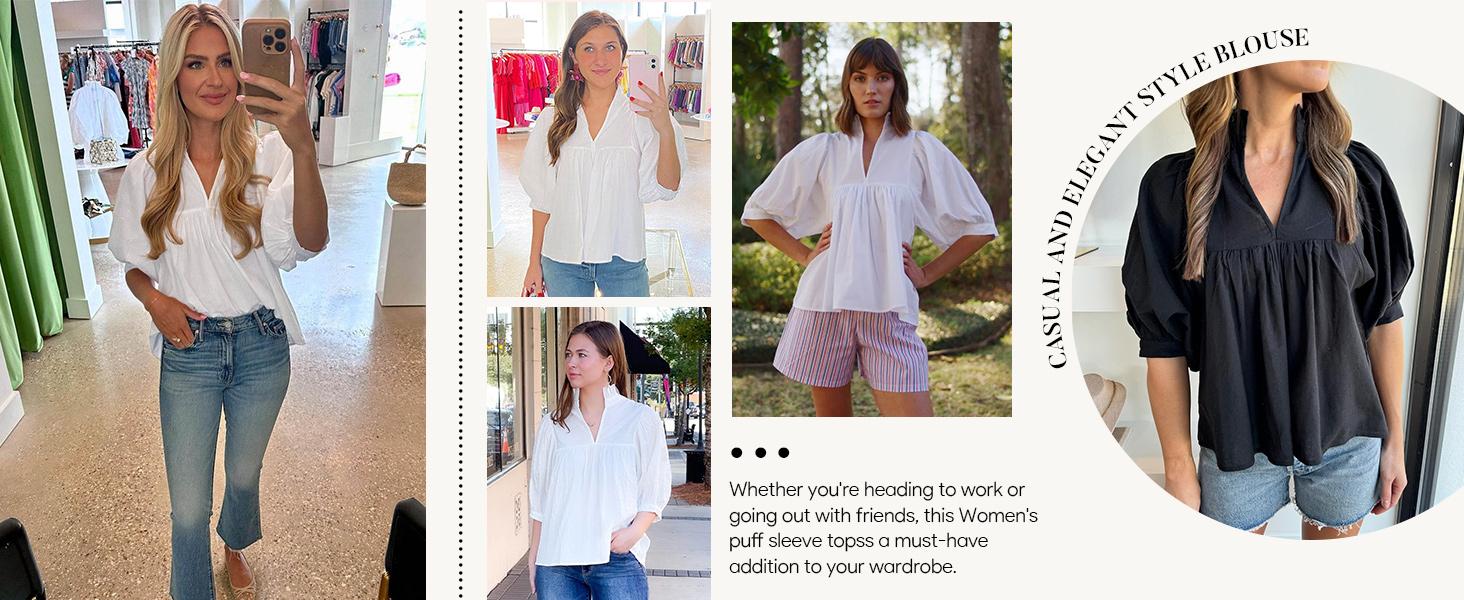 Cicy Bell Womens V Neck Puff Sleeve Blouse Babydoll Peplum Tops Dressy Casual Pleated Loose Fit Shirts