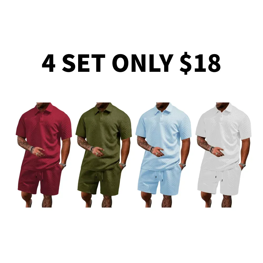 🔥8-Pack Men's Textured Polo & Shorts Sets – Casual Summer Two-Piece Outfits